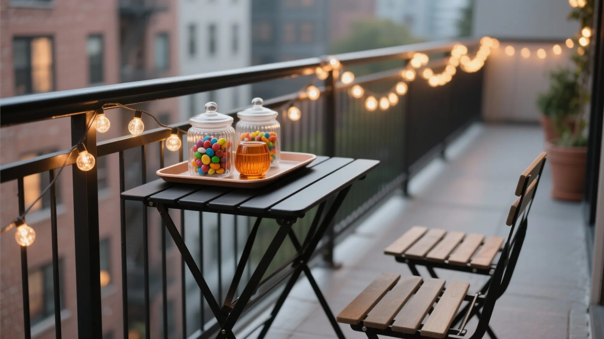 Small black balcony table with two candy jars and string lights overlooking city apartment buildings
