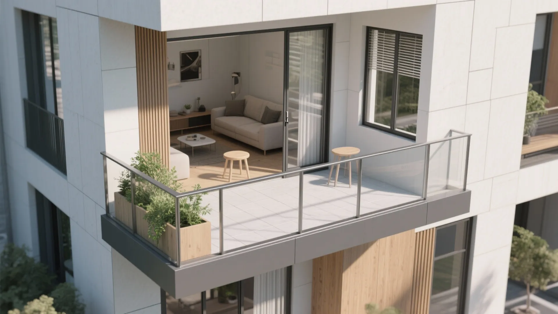 Shallow cantilevered micro-balcony off a living room with rail planters and porcelain pavers, no columns.