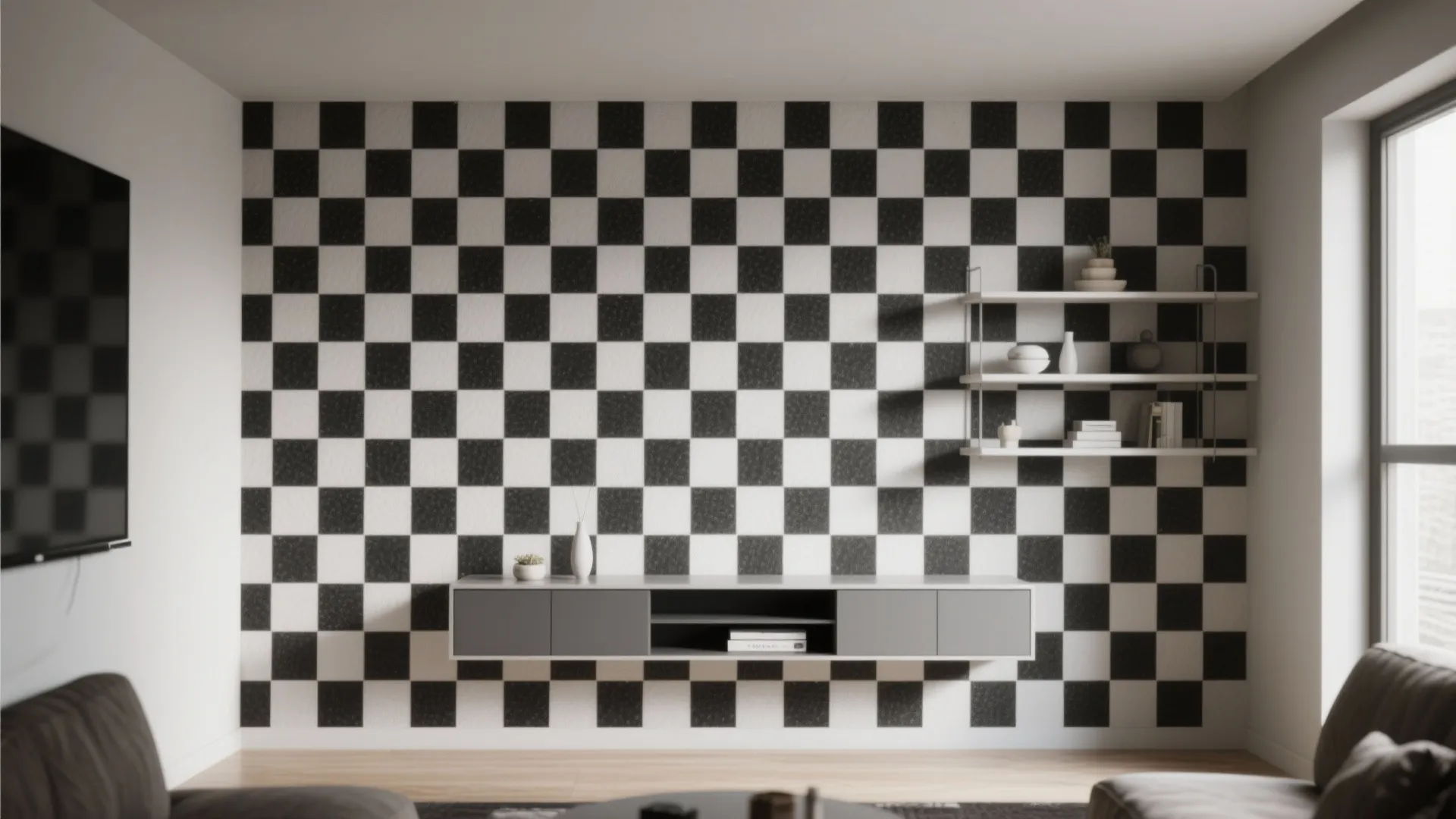 4) Micro-checkerboard or houndstooth accent wall