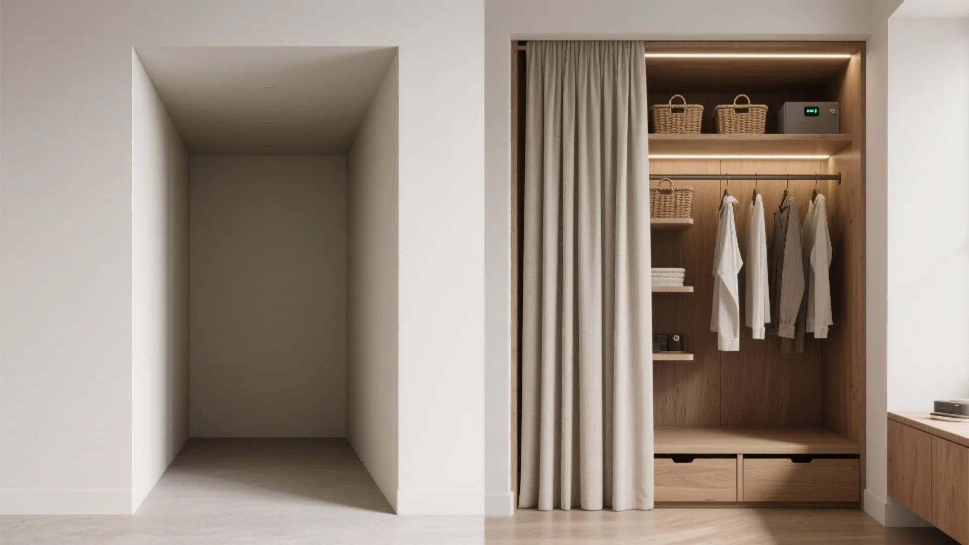 Comparison showing an empty wall space next to a finished wooden closet with clothes and curtain