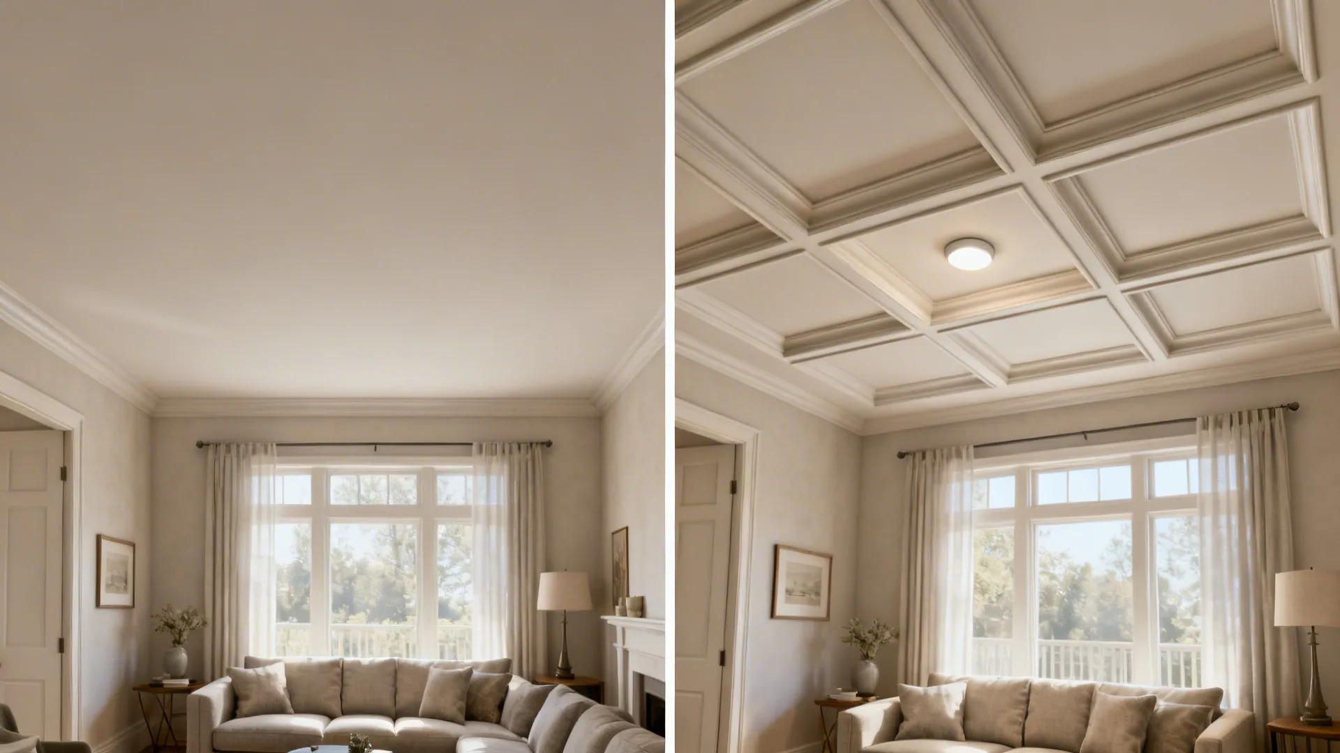 Before-and-after comparison shows a flat ceiling transformed into a micro coffer grid.