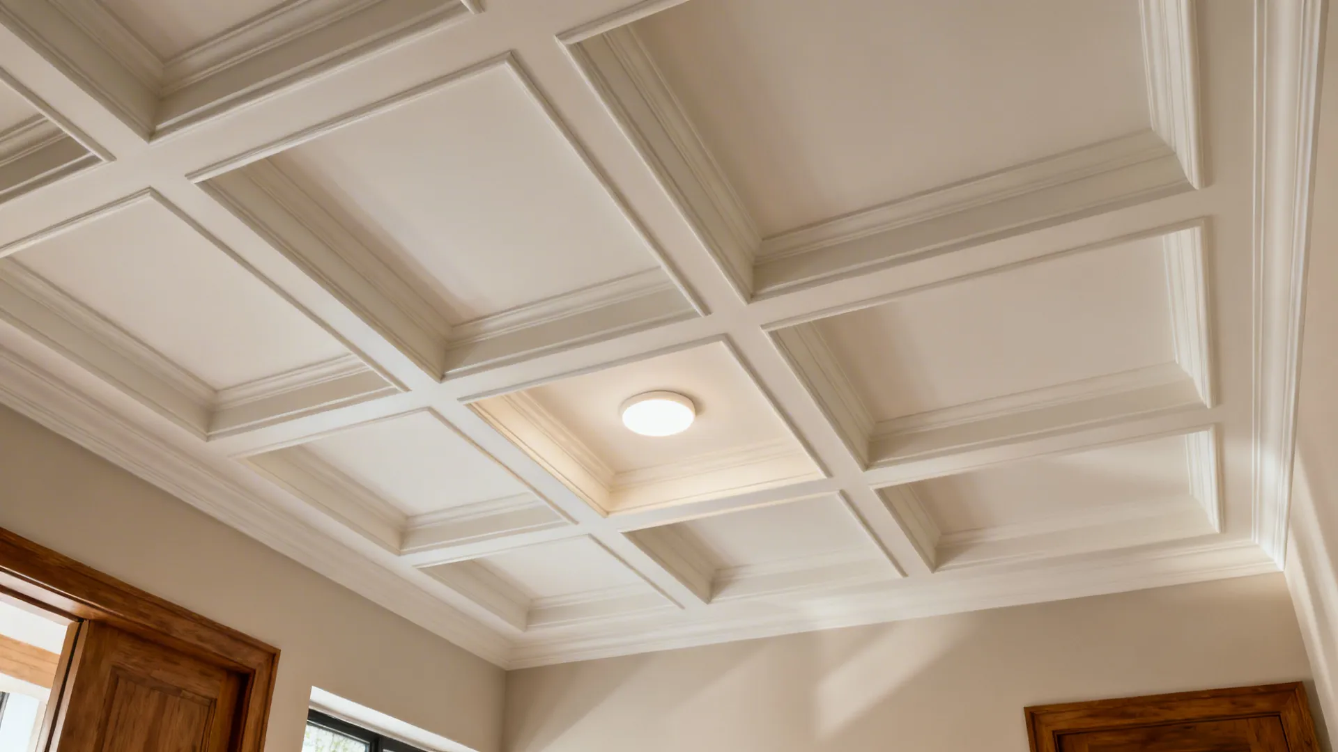 Micro coffered ceiling with shallow beams creates gentle rhythm in a compact living room.