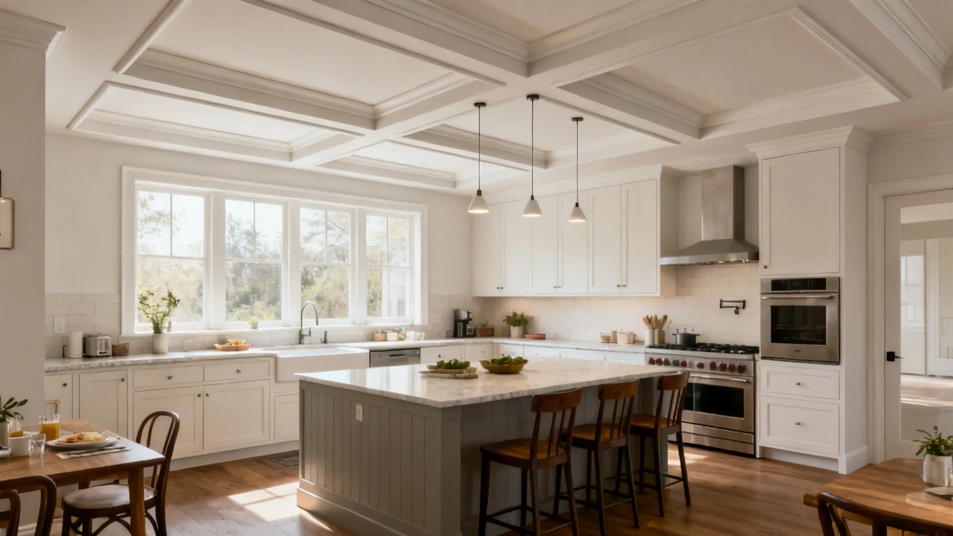 U-shaped small kitchen with shallow coffered panels defining cooking and dining zones.