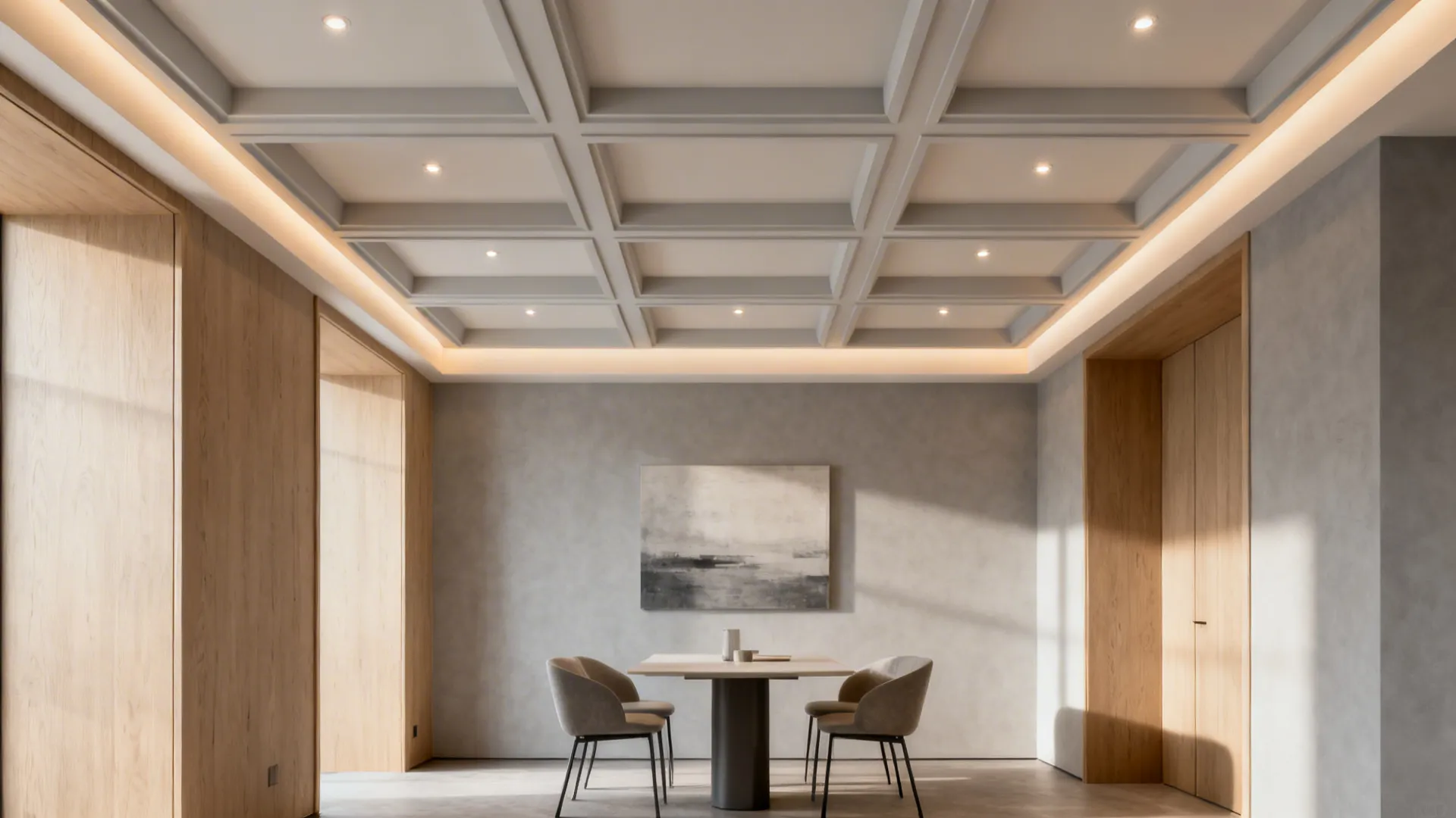 Compact dining room with a micro coffered ceiling and subtle shadows.