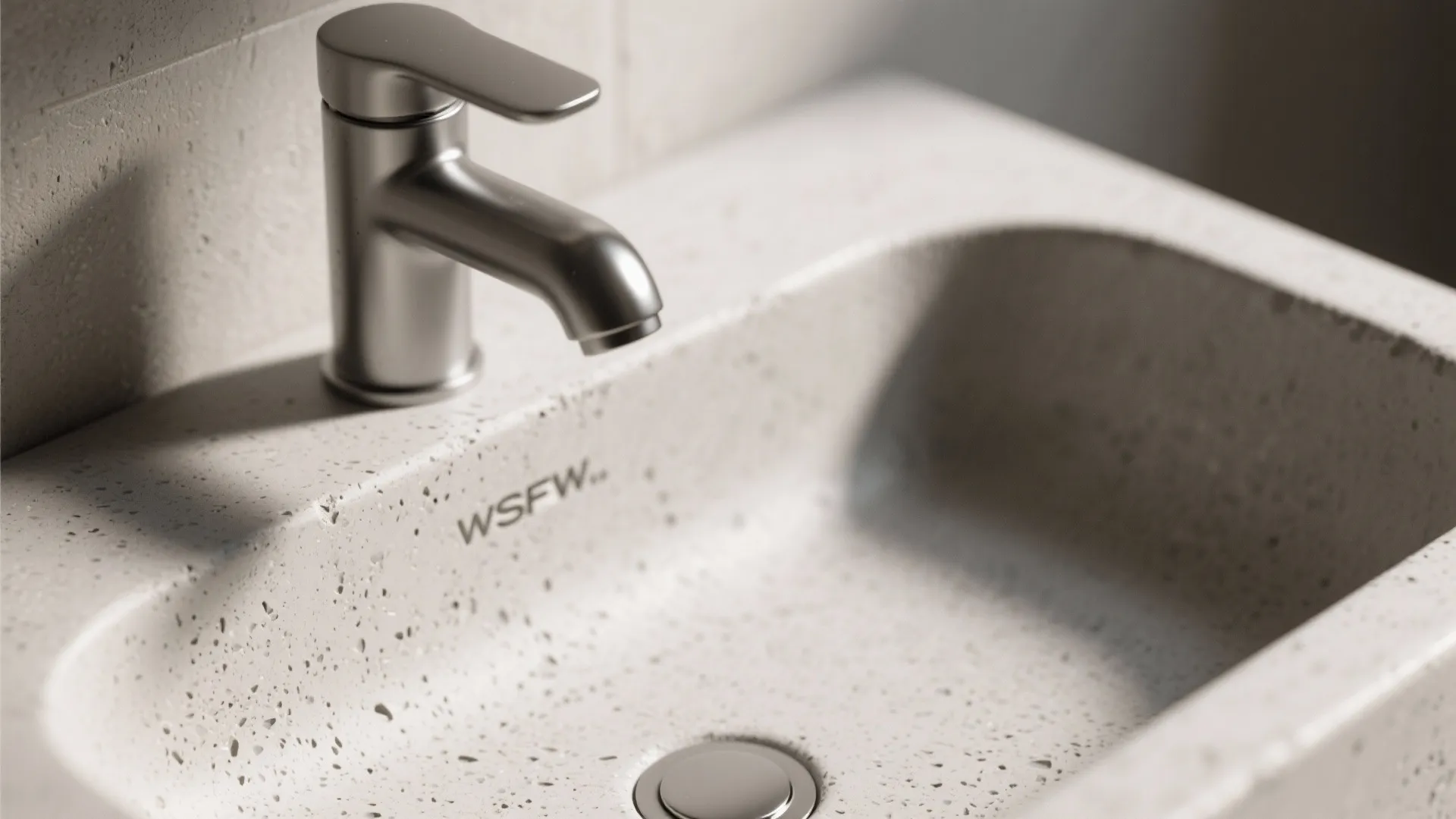 Grey textured concrete bathroom sink with silver metal water faucet and a round metal drain