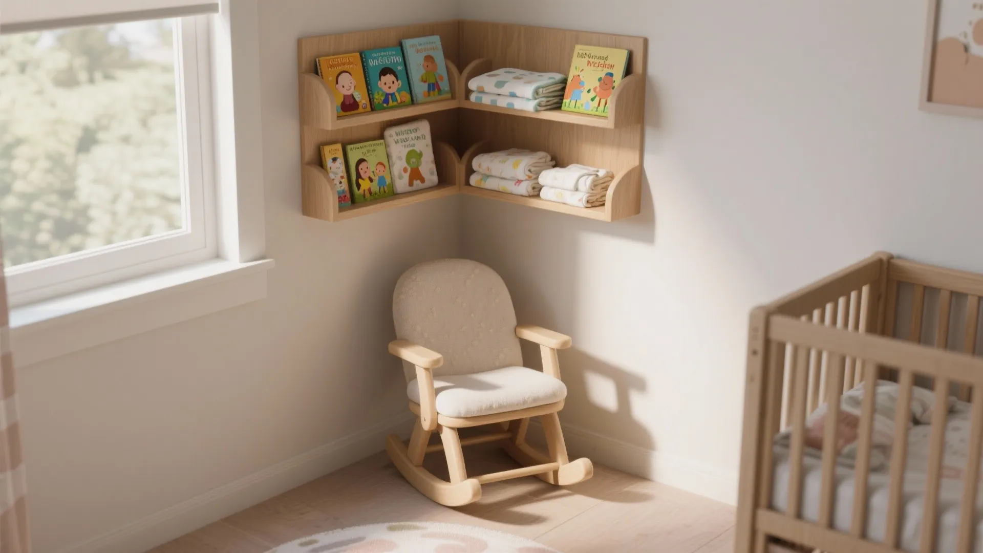 Small wooden corner shelves for baby books and towels above a white rocking chair design
