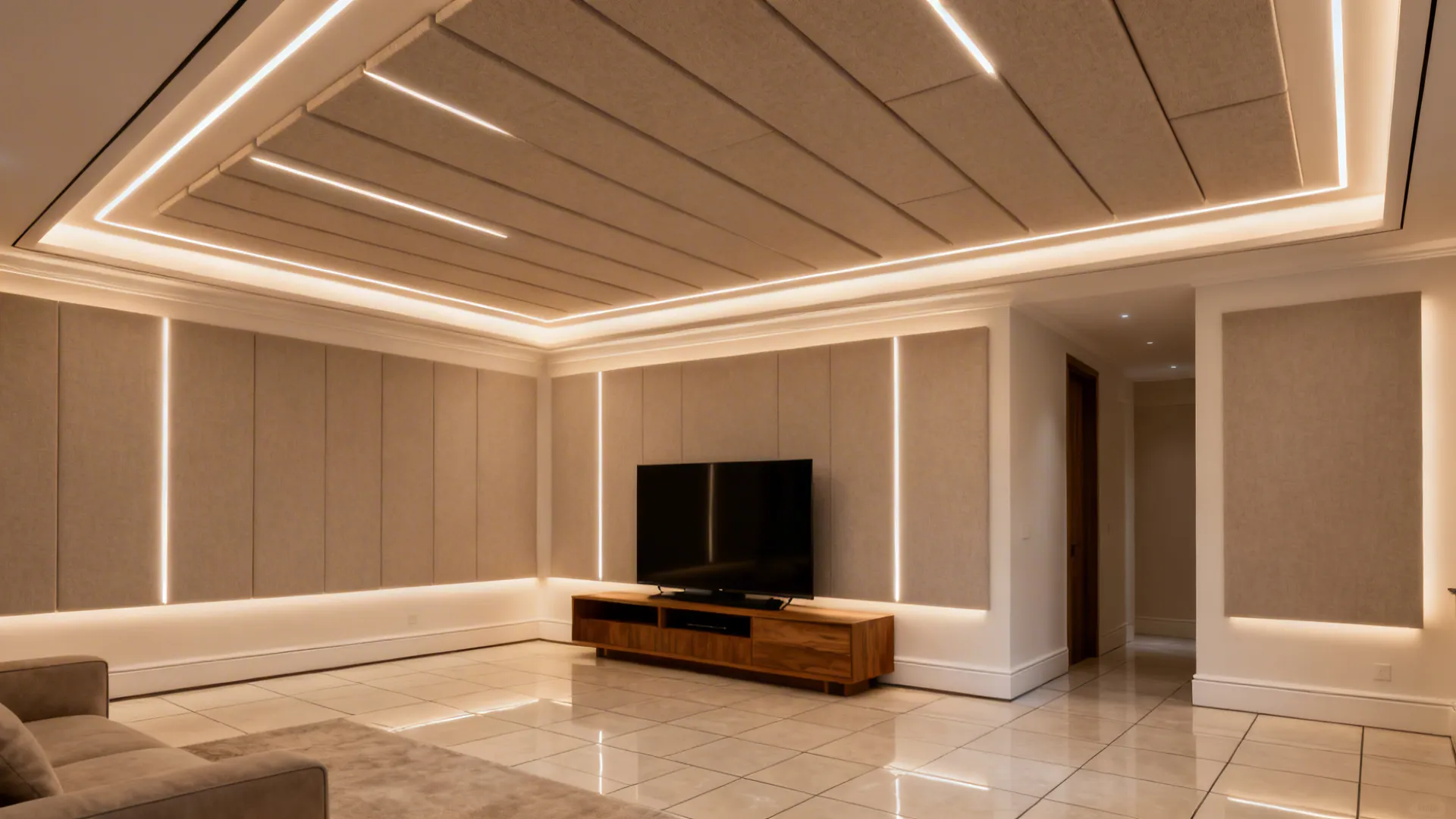Living room featuring a large television wooden cabinet and wall panels with built in lights