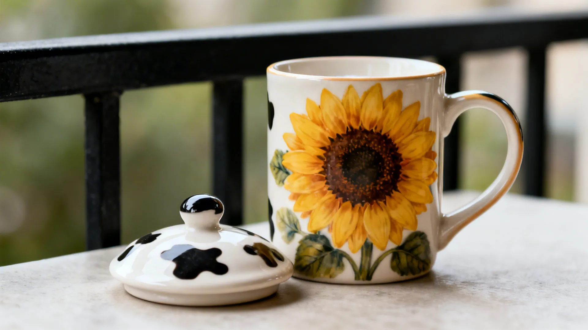 Macro of a micro cow-print canister lid beside a sunflower mug in soft light.
