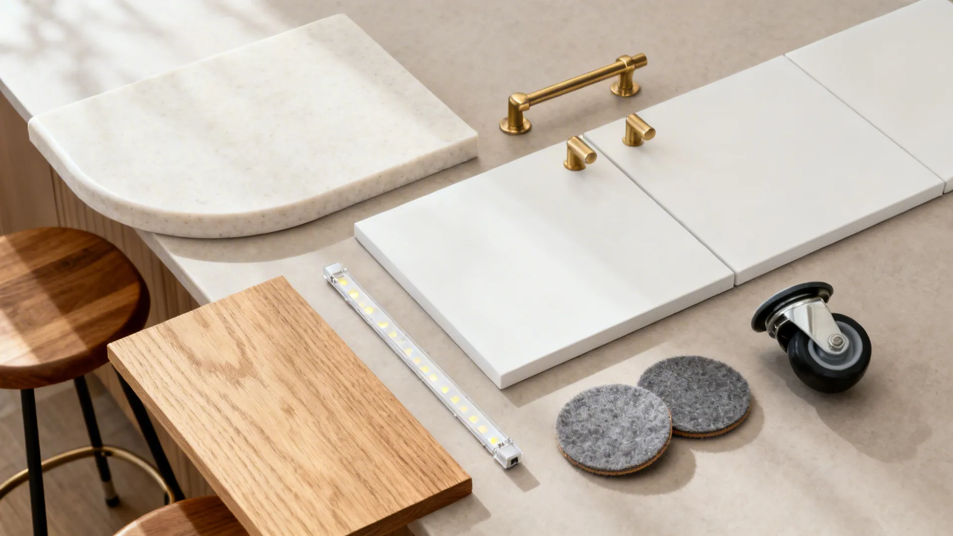 Interior design materials showing white stone gold handles wood sample light strip and small wheel