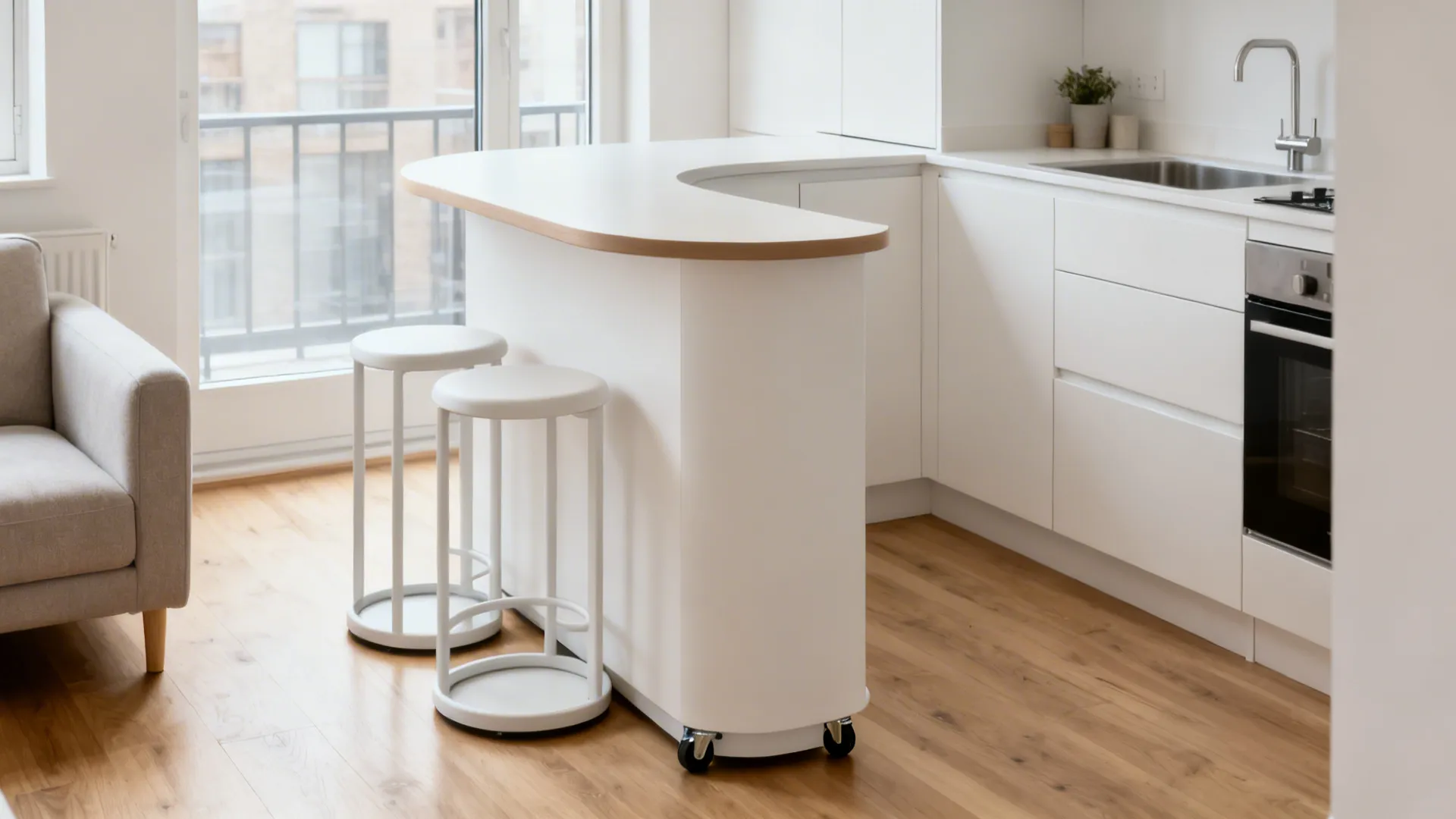 Small white kitchen with curved island on wheels two white stools and light wooden floor