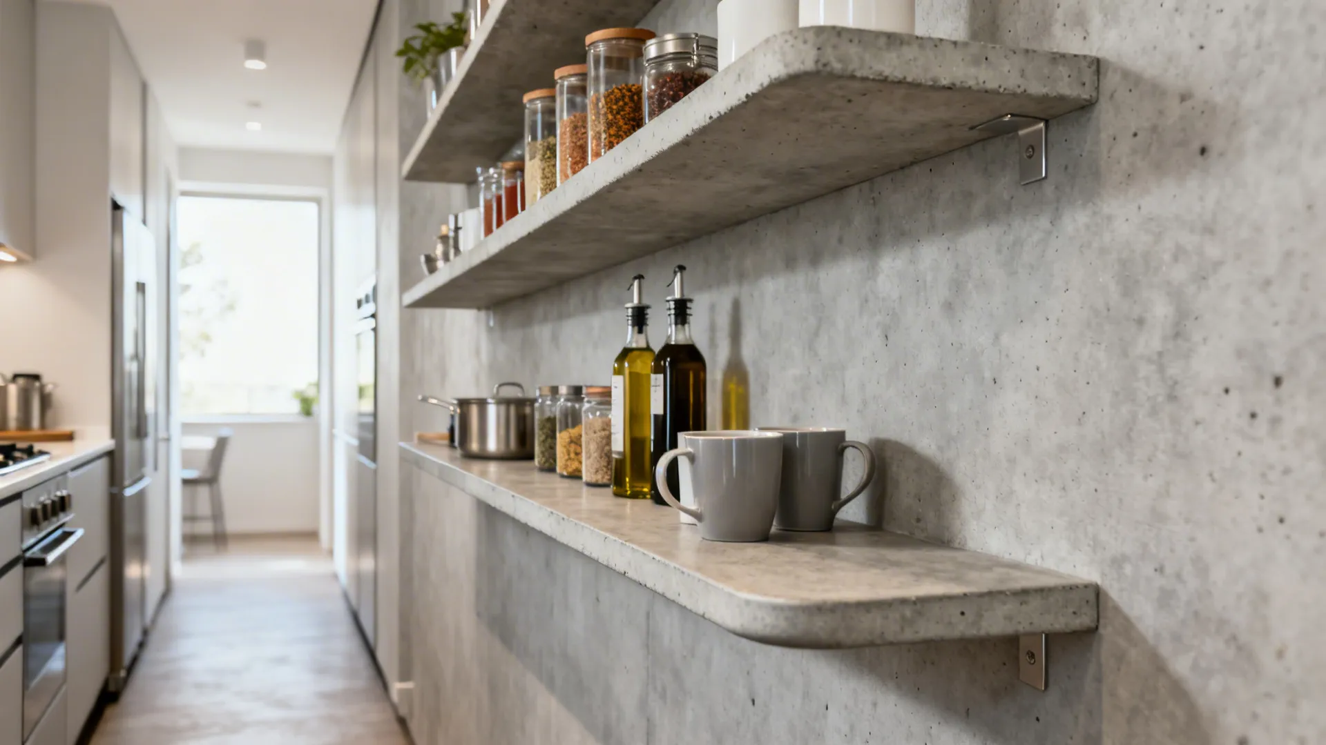 Narrow galley kitchen with shallow concrete shelves holding spices and cups, maintaining clear circulation.