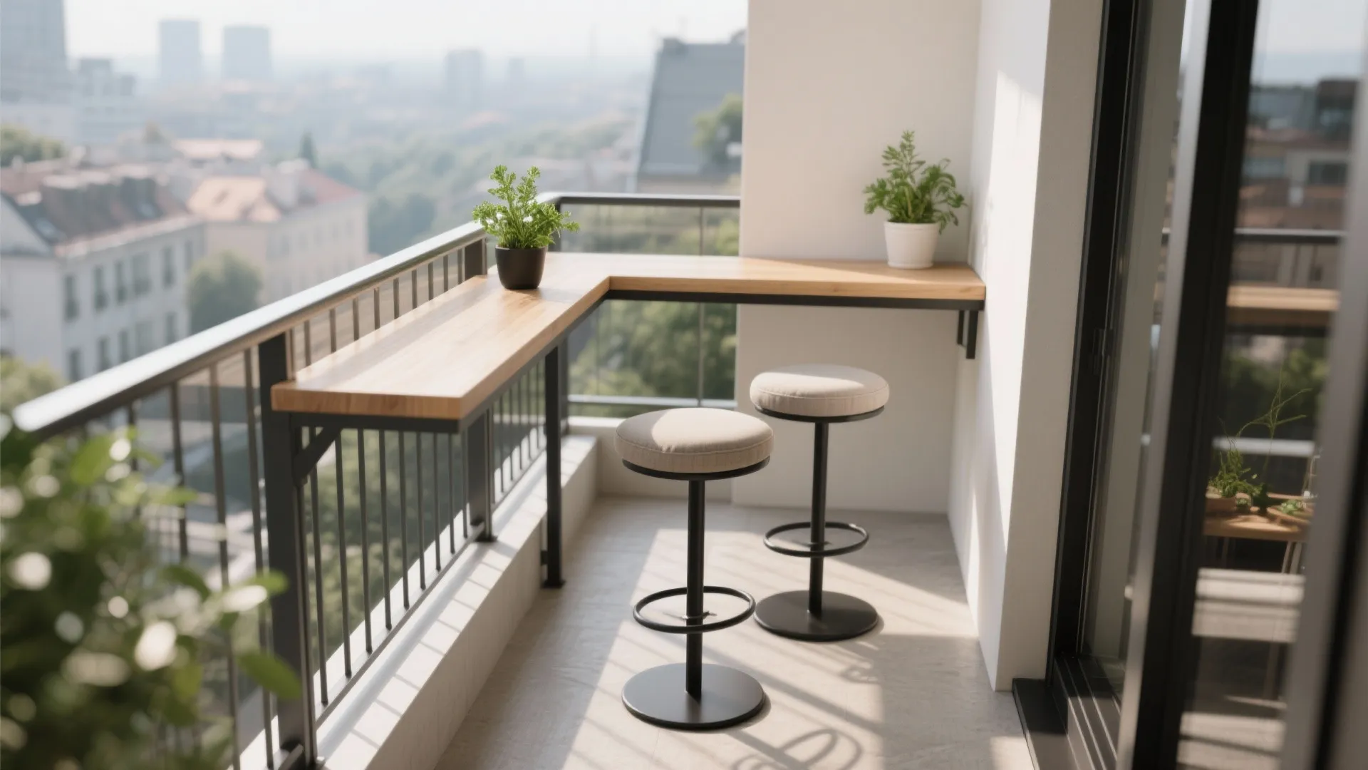 Small apartment balcony with wooden bar counter two tall stools black railing and bright natural light