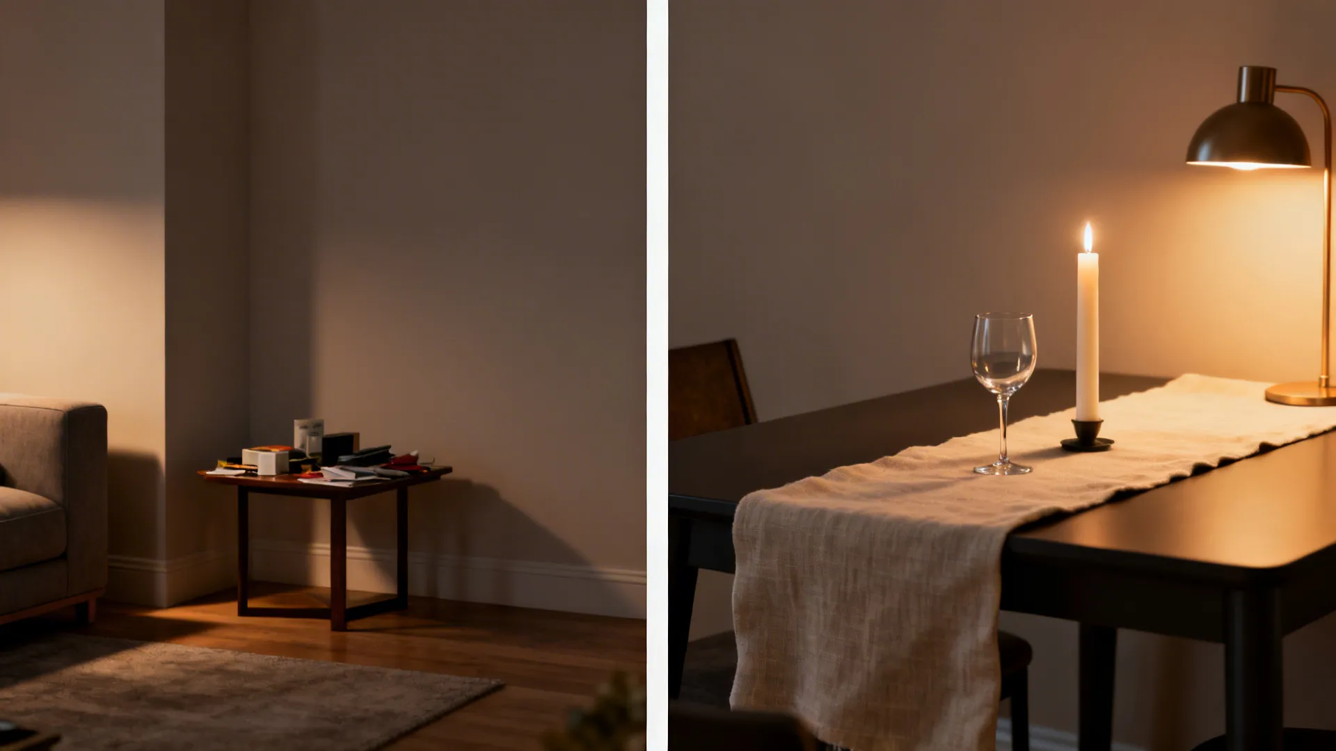 Split view of a plain corner transformed into a simple, romantic micro dining setup.