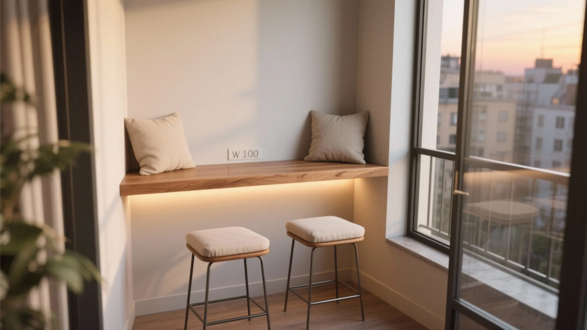 Compact balcony dining corner with a warm wood bar ledge and two tuckable stools under warm lighting.