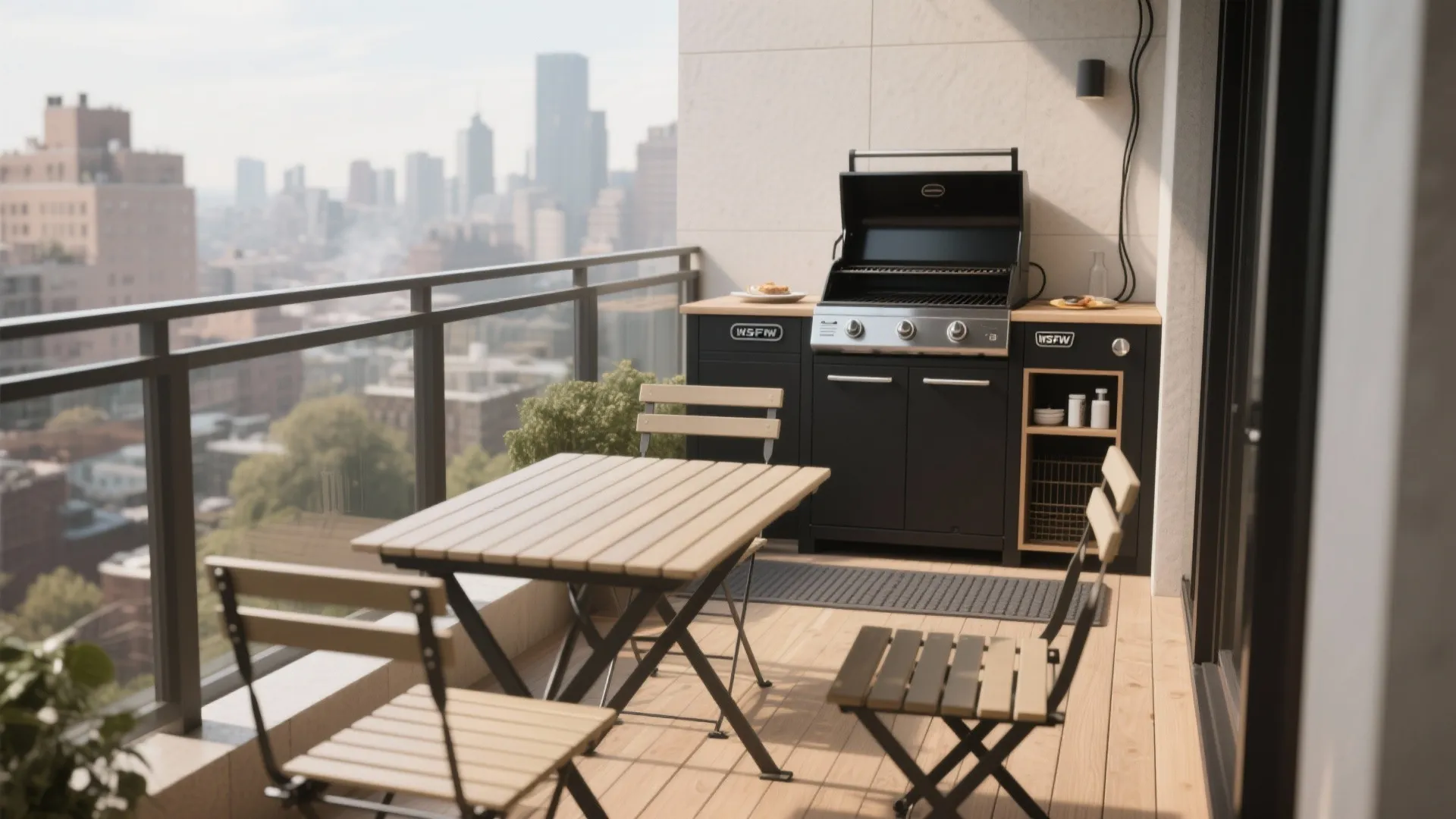 Balcony with slim electric grill, drop-leaf table, and director’s chairs in safe layout.