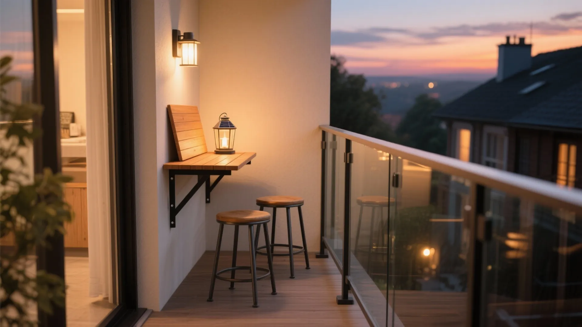 Small balcony with wooden folding table two stools wall light sunset view and glass railing