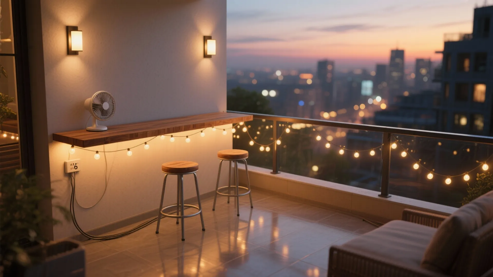 Cozy balcony at sunset with string lights and wall lights above a wooden bar table