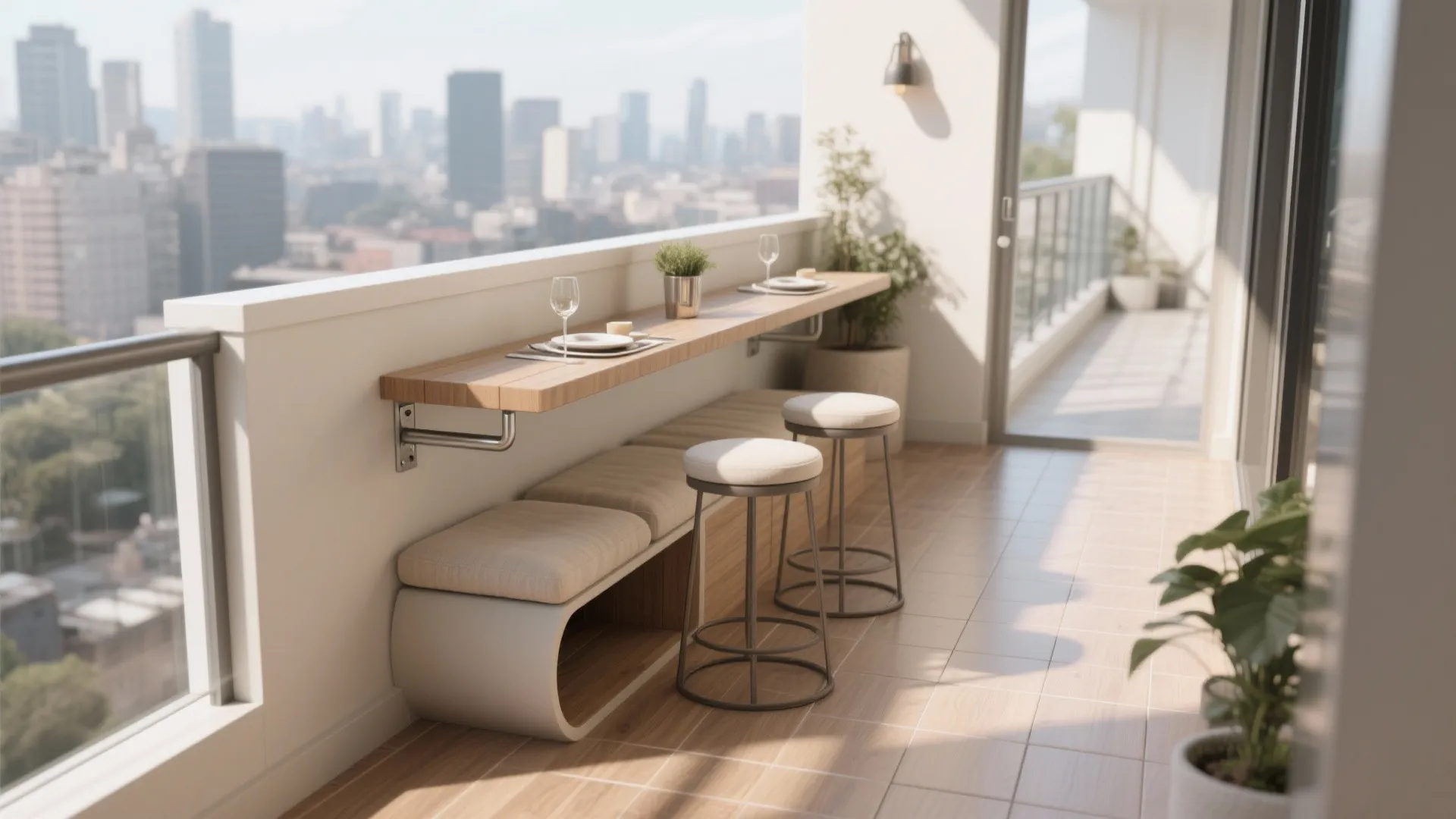 Modern balcony with wooden bar counter stools padded bench and city view in natural light