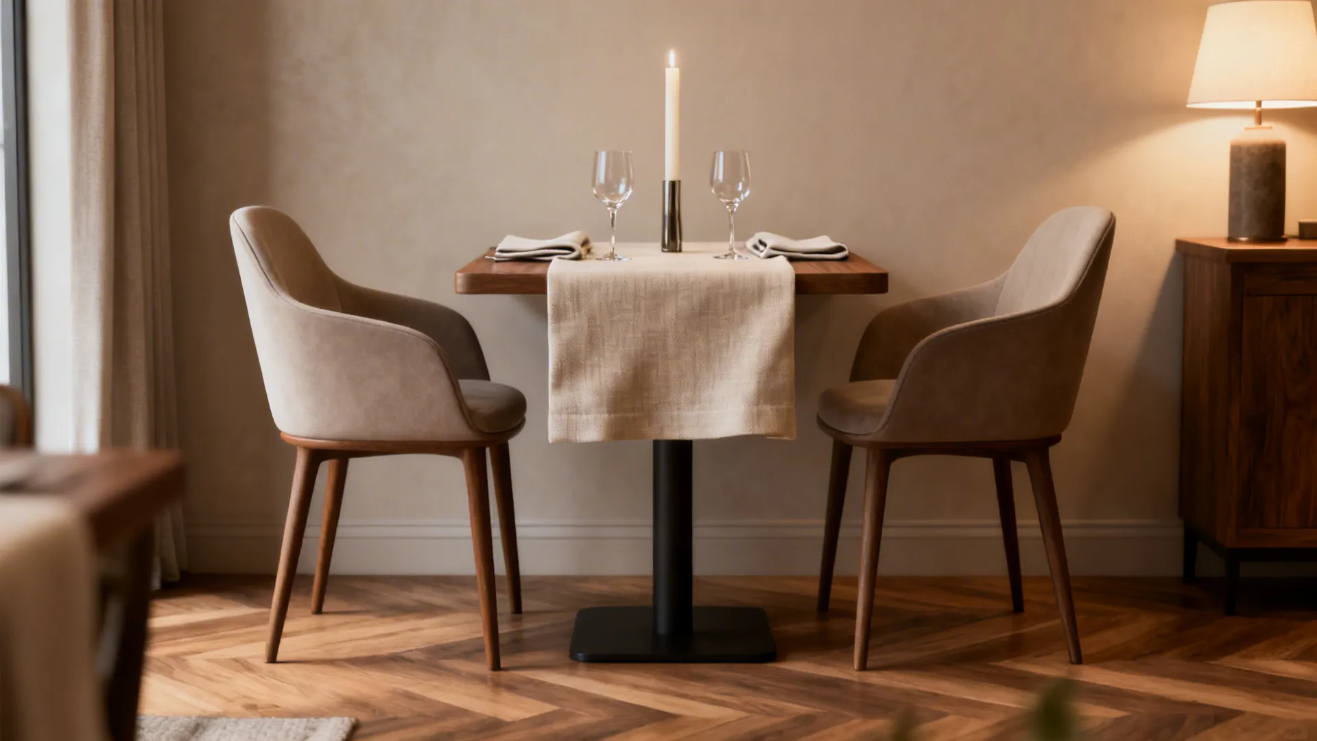 Small bistro table by a window with a linen runner, tall taper, and two coupe glasses.