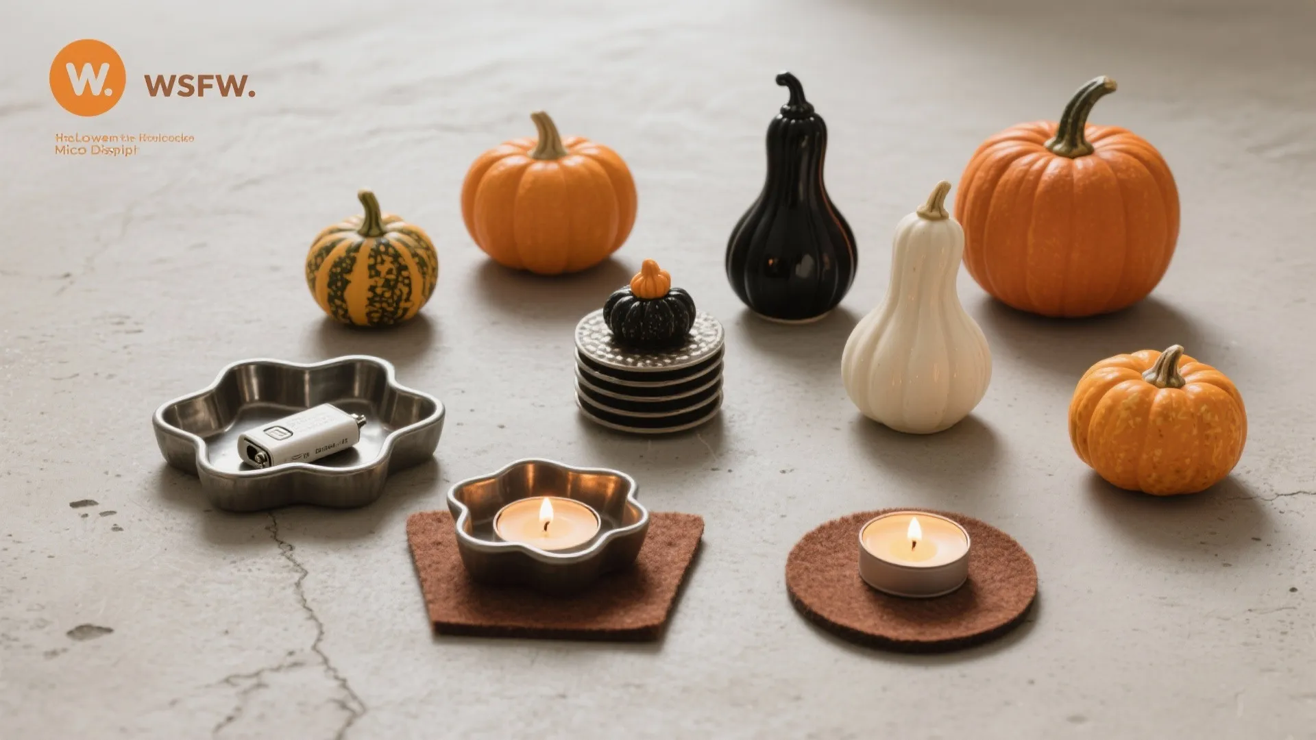 Flat lay of mini pumpkins, ceramic gourds, stackable trays, and LED tea lights.