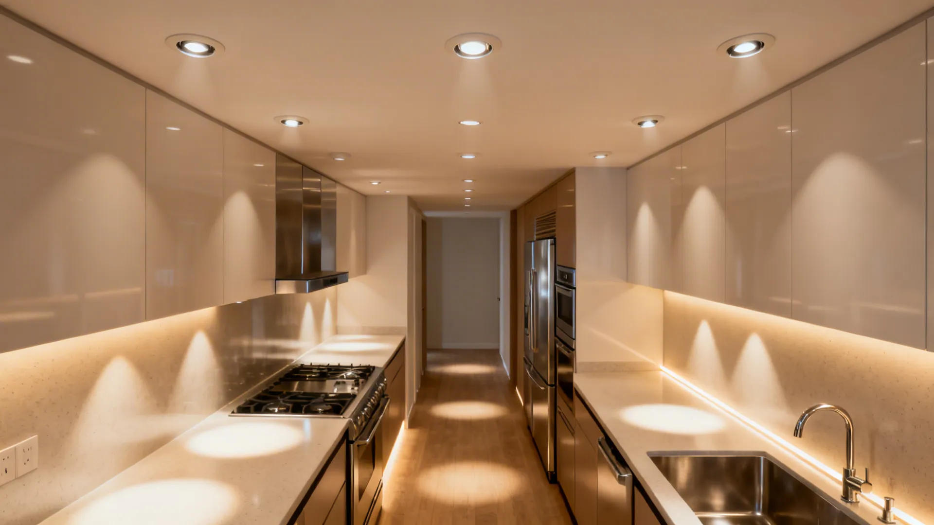 Top-down view of a galley kitchen ceiling plan with 2-inch micro-downlights using mixed beam angles for balanced lighting.