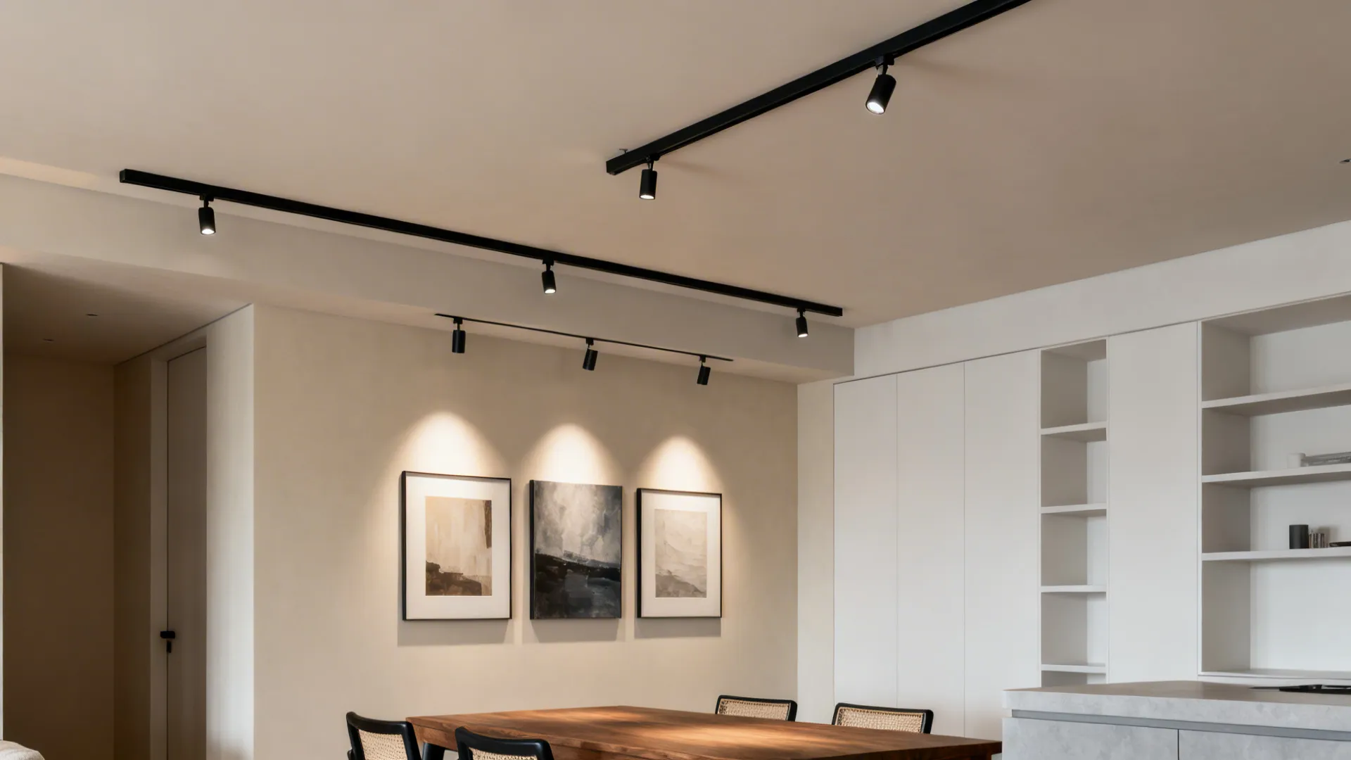 Micro-drop ceiling with concealed magnetic track lights highlighting dining and art.