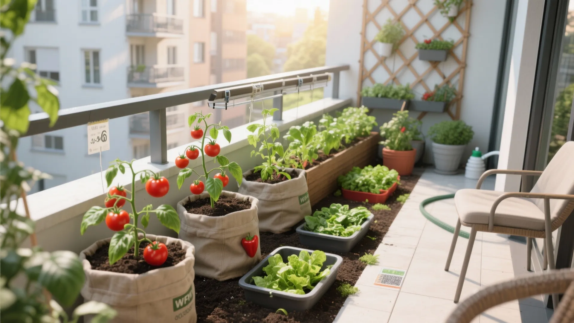 Balcony edible garden with deep containers for tomatoes, fabric grow bags, and trays for leafy greens.