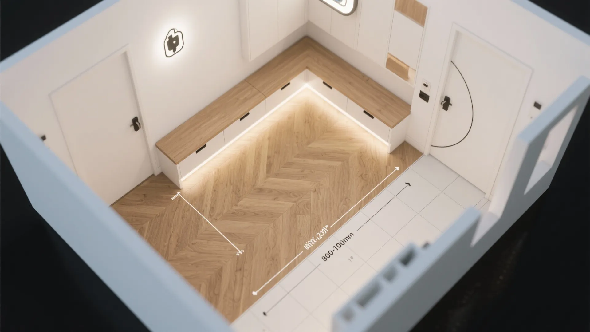 Top-down view showing L-bench layout, drawer clearances, and walkway in a micro-entry.