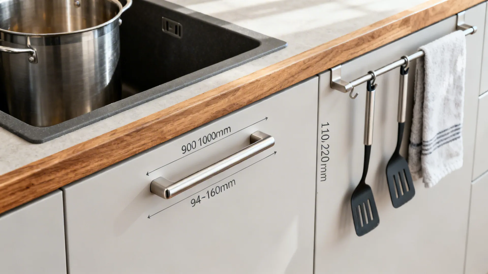 Macro details of cabinet pulls, a medium-depth sink with pot, and an accessories rail at easy reach.