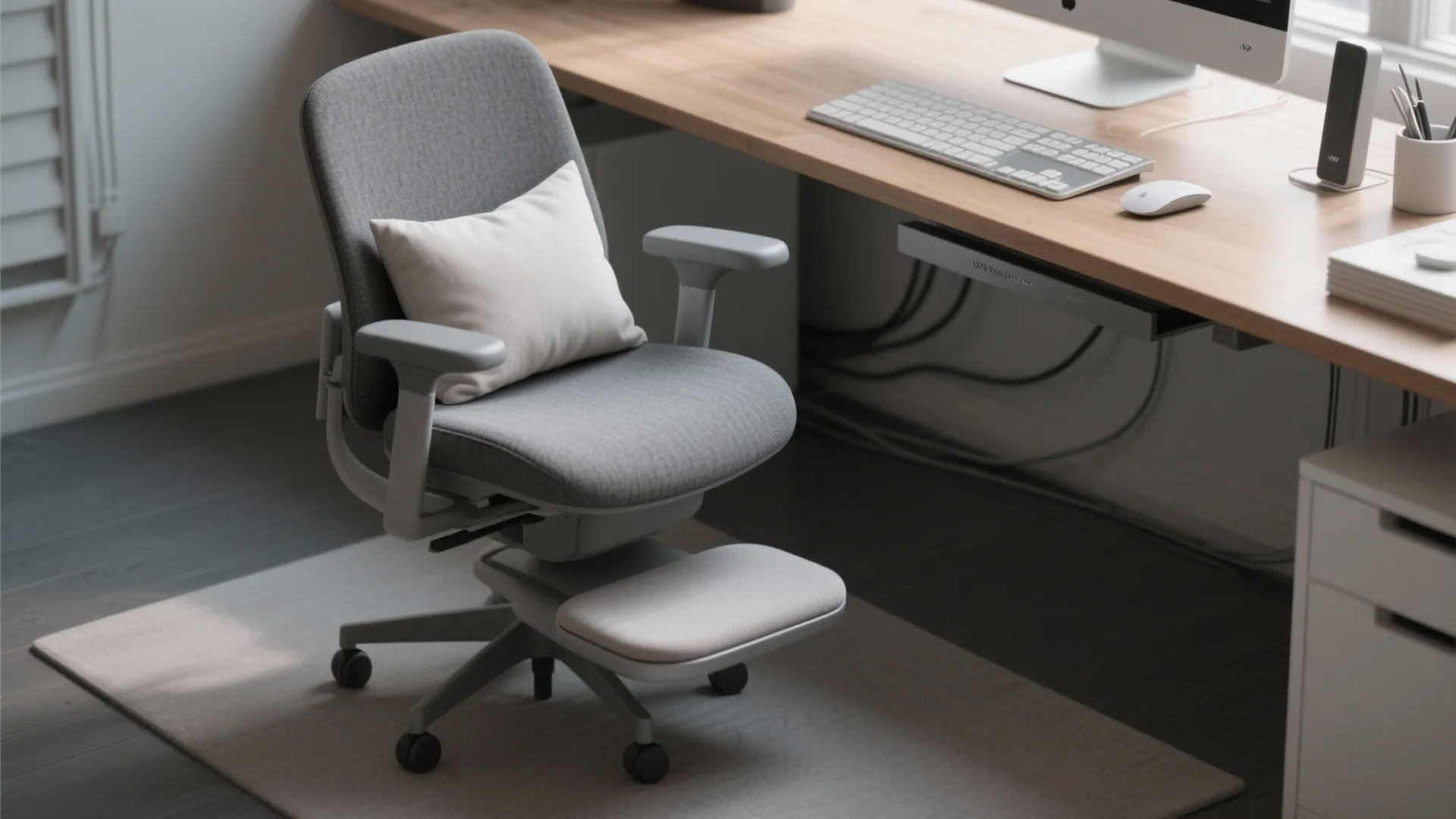 Grey office chair with white pillow and footrest at a wooden desk with computer keyboard