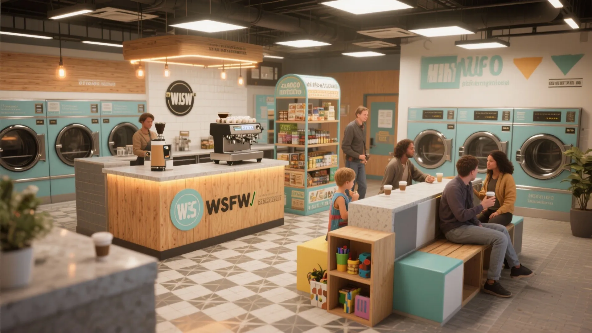 Laundromat corner with a small coffee counter, vendor pop-up shelving, and craft box for kids.