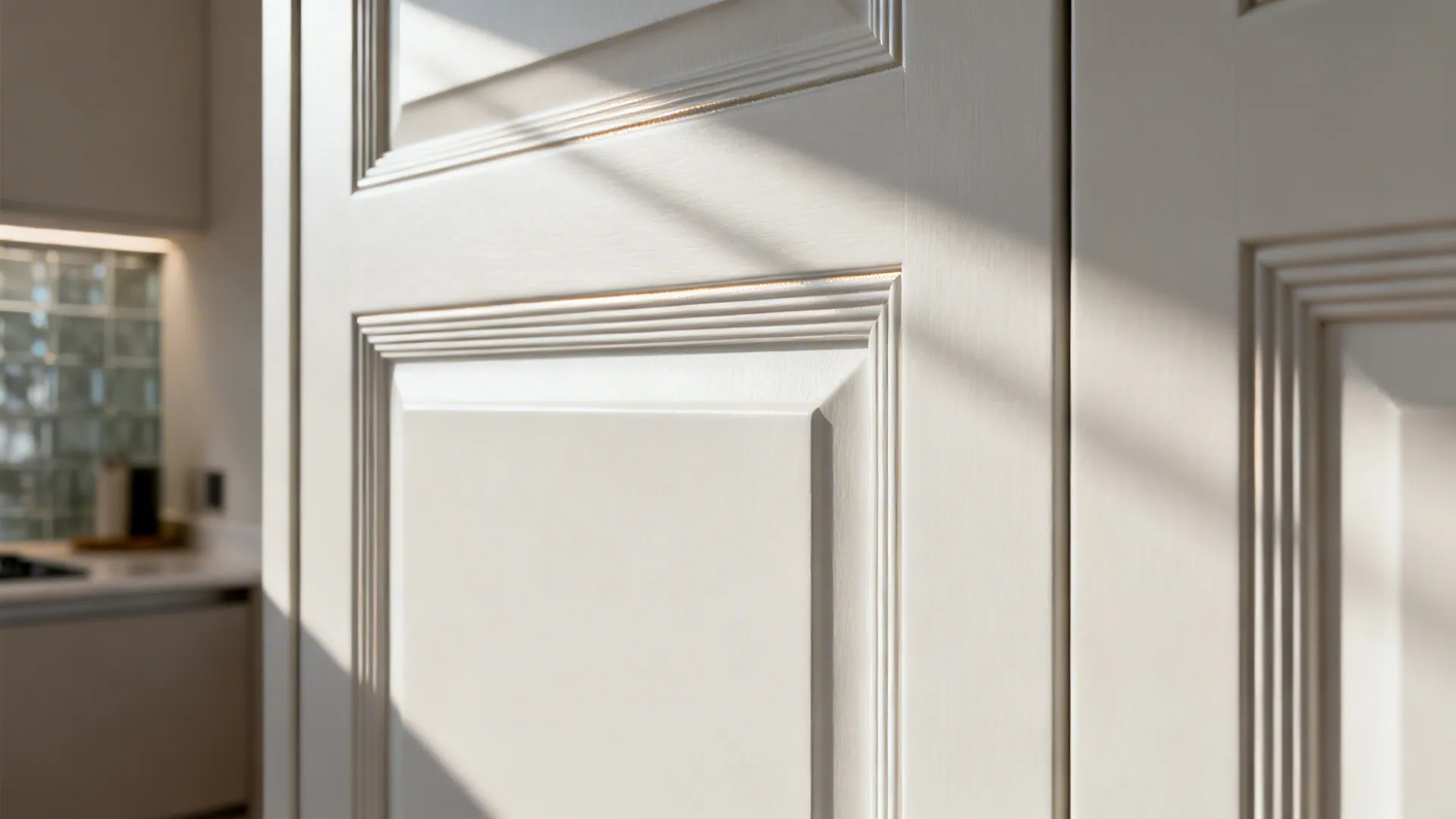 Macro view of micro-fluted cabinet door showing fine 2–4 mm grooves.