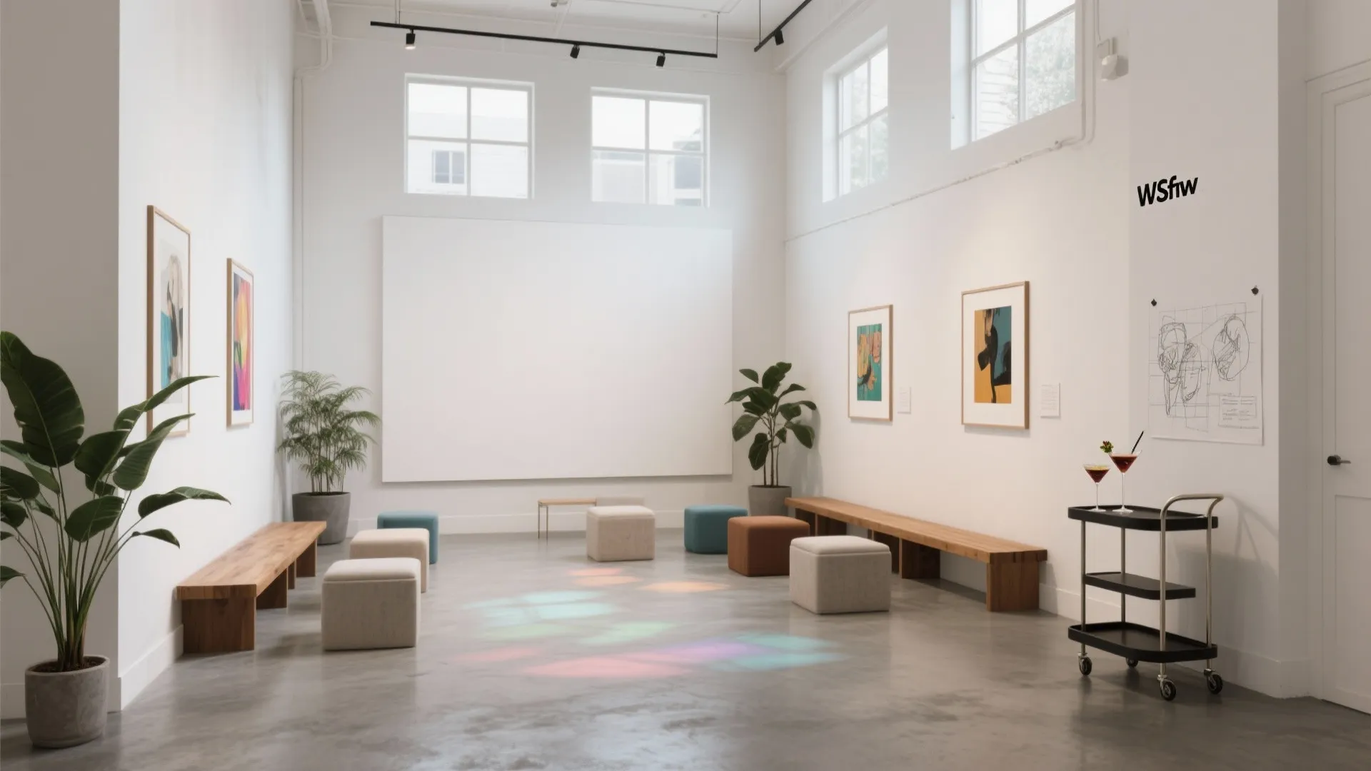 Small gallery space arranged for a creative gathering with modular seating and an open floor area.