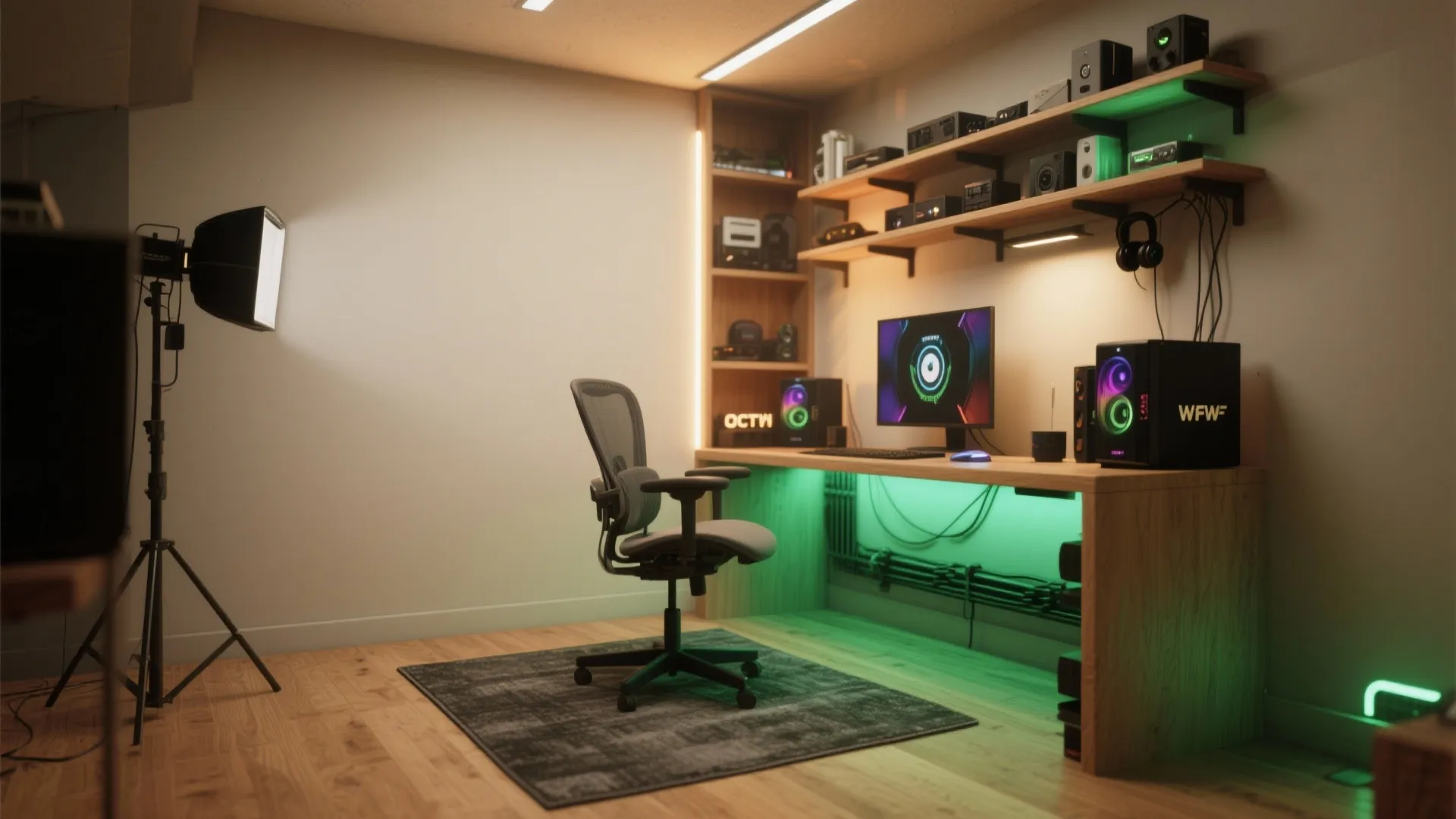 Micro-gaming corner with a narrow chair, vertical shelving and focused task lighting in a studio apartment.