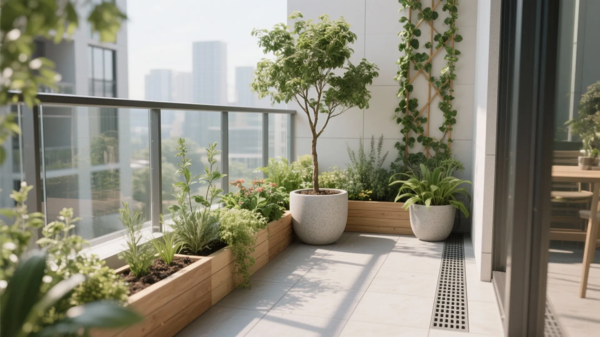A biophilic micro‑garden with smart drainage