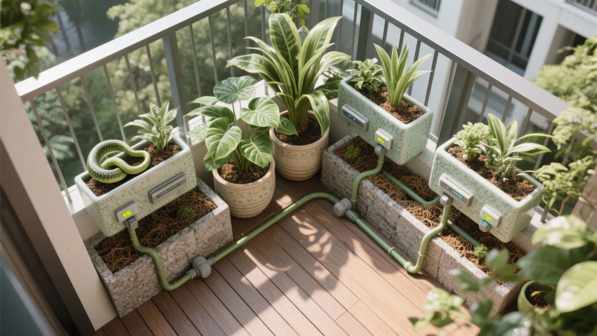 Small balcony garden with green potted plants and an automatic watering system on wooden floor