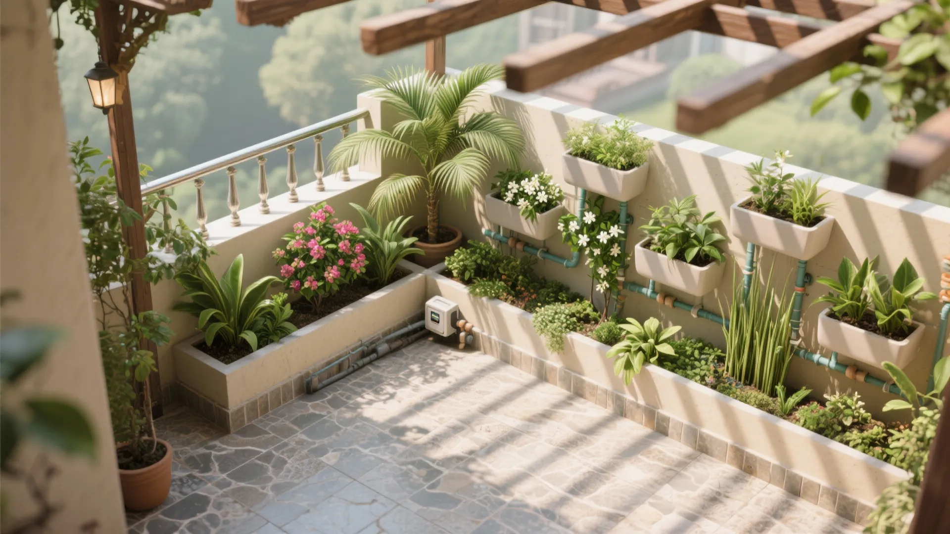 Balcony garden with vertical wall planters, green plants, pink flowers, and a wooden overhead structure