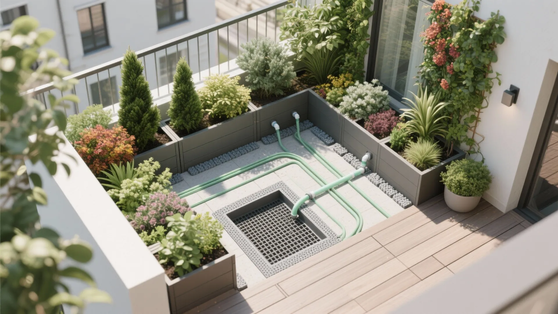 Top view of rooftop garden layout showing green plants and water pipe system in stone planter
