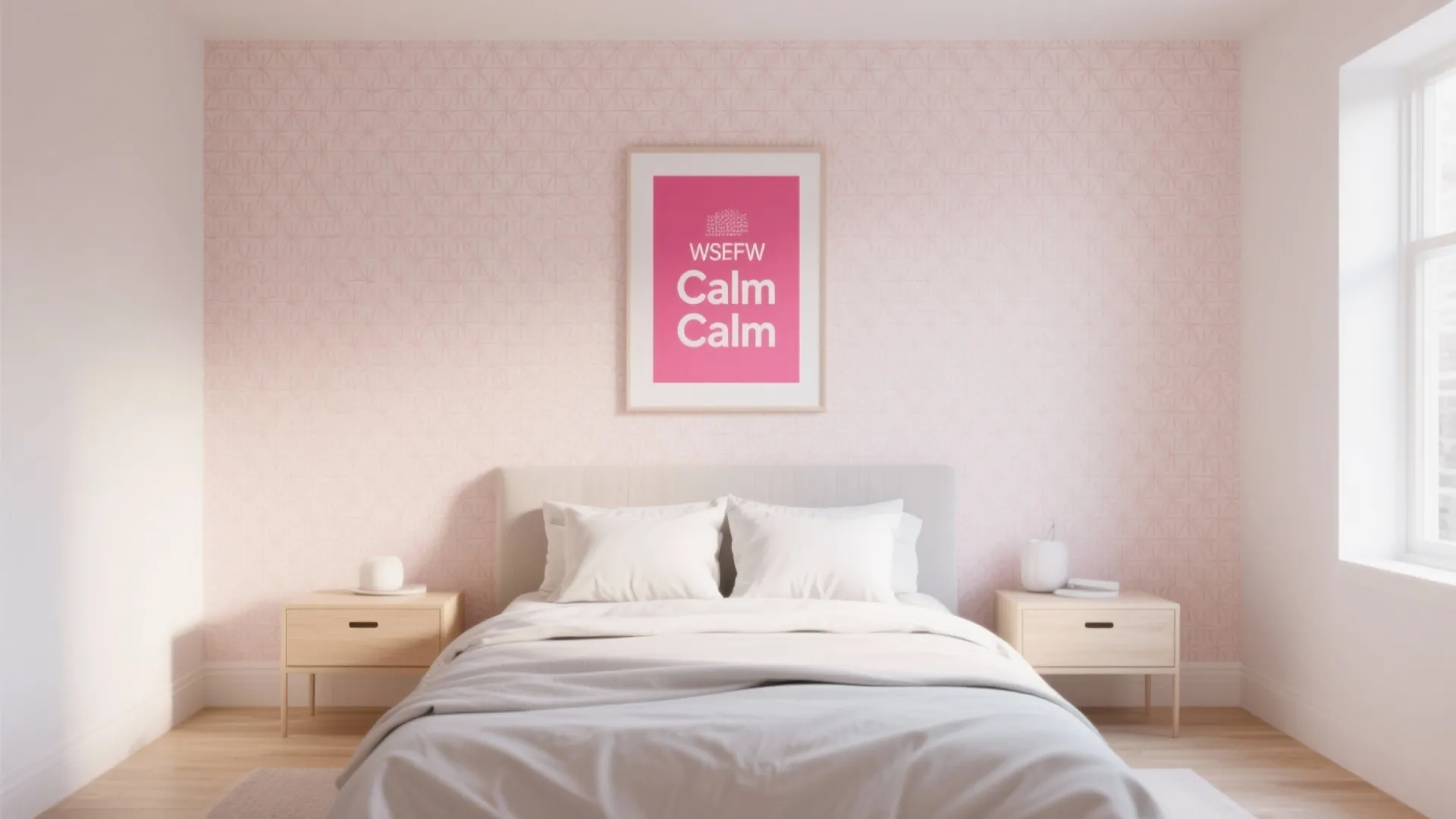 Modern bedroom with pink patterned wallpaper white bed wooden side tables and pink wall art