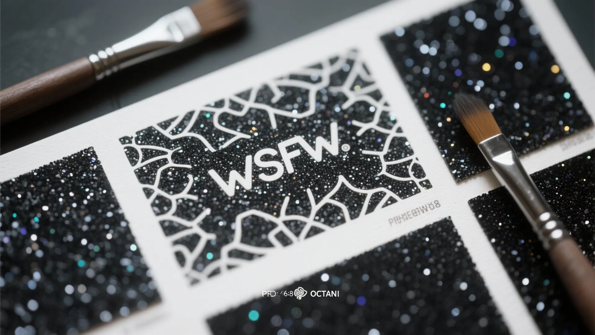 Macro view of a micro-pattern stencil filled with fine black glitter glaze on a sample board.