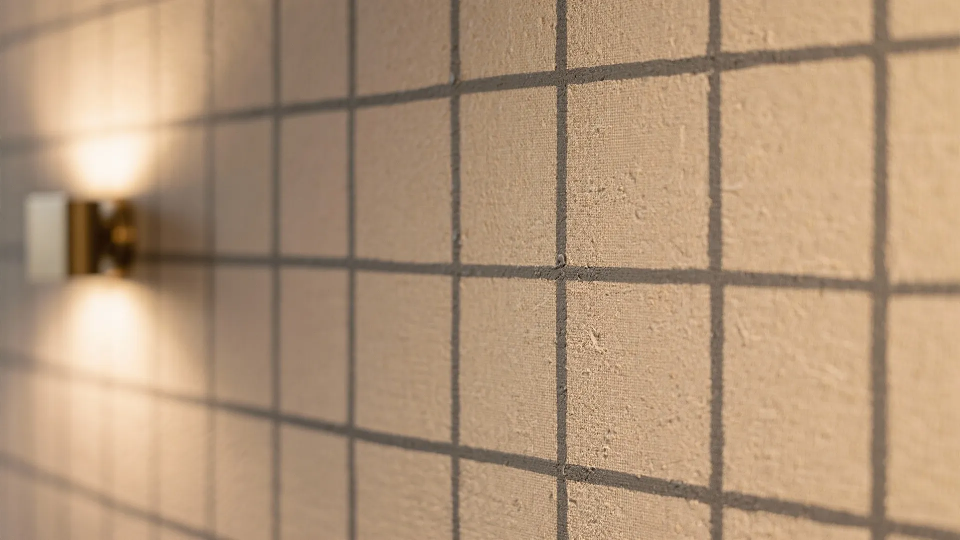 Close up of textured wall with dark grid pattern and warm wall light on left