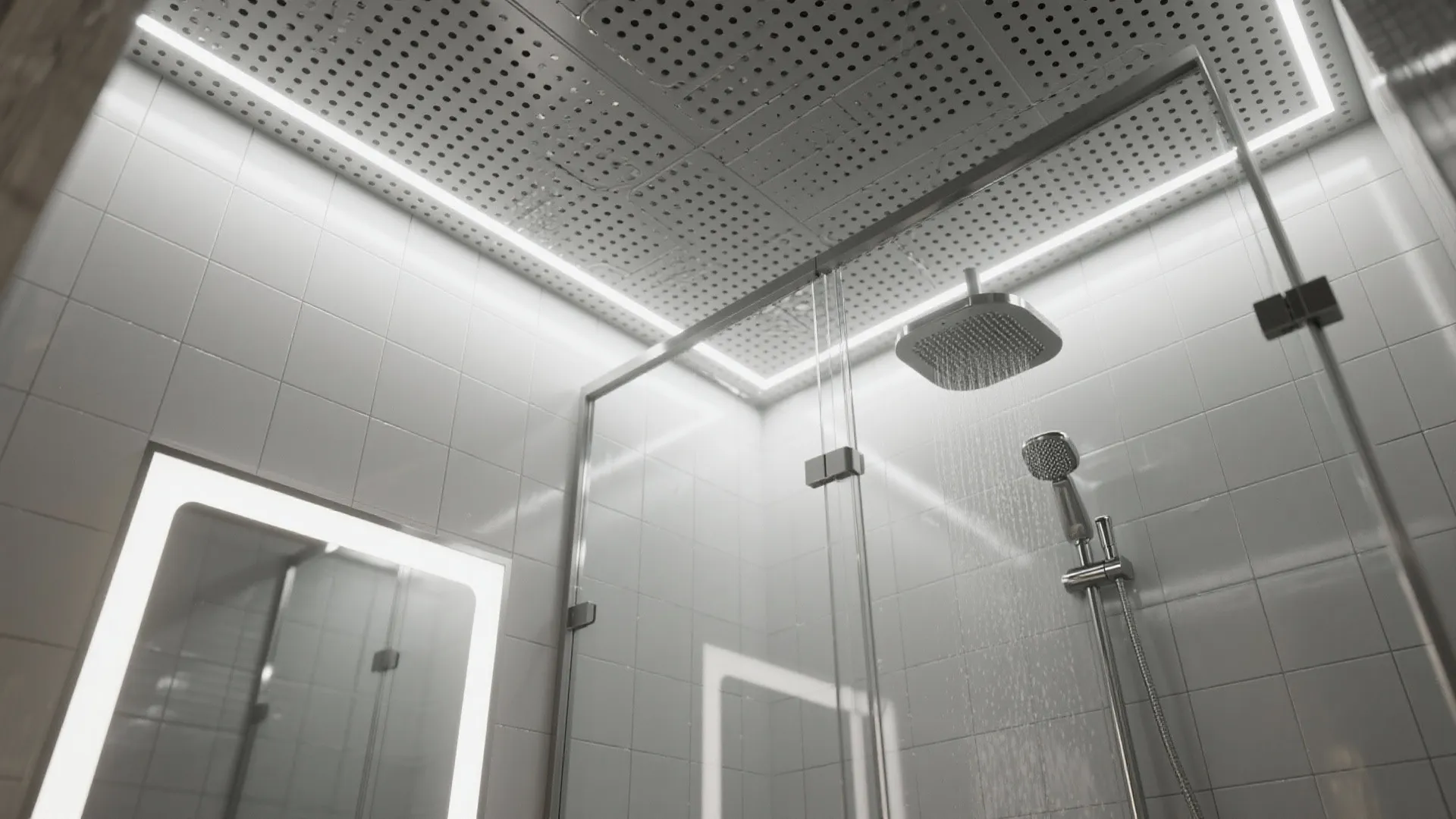 Modern glass shower area with metal head water running white tiles and grid ceiling light