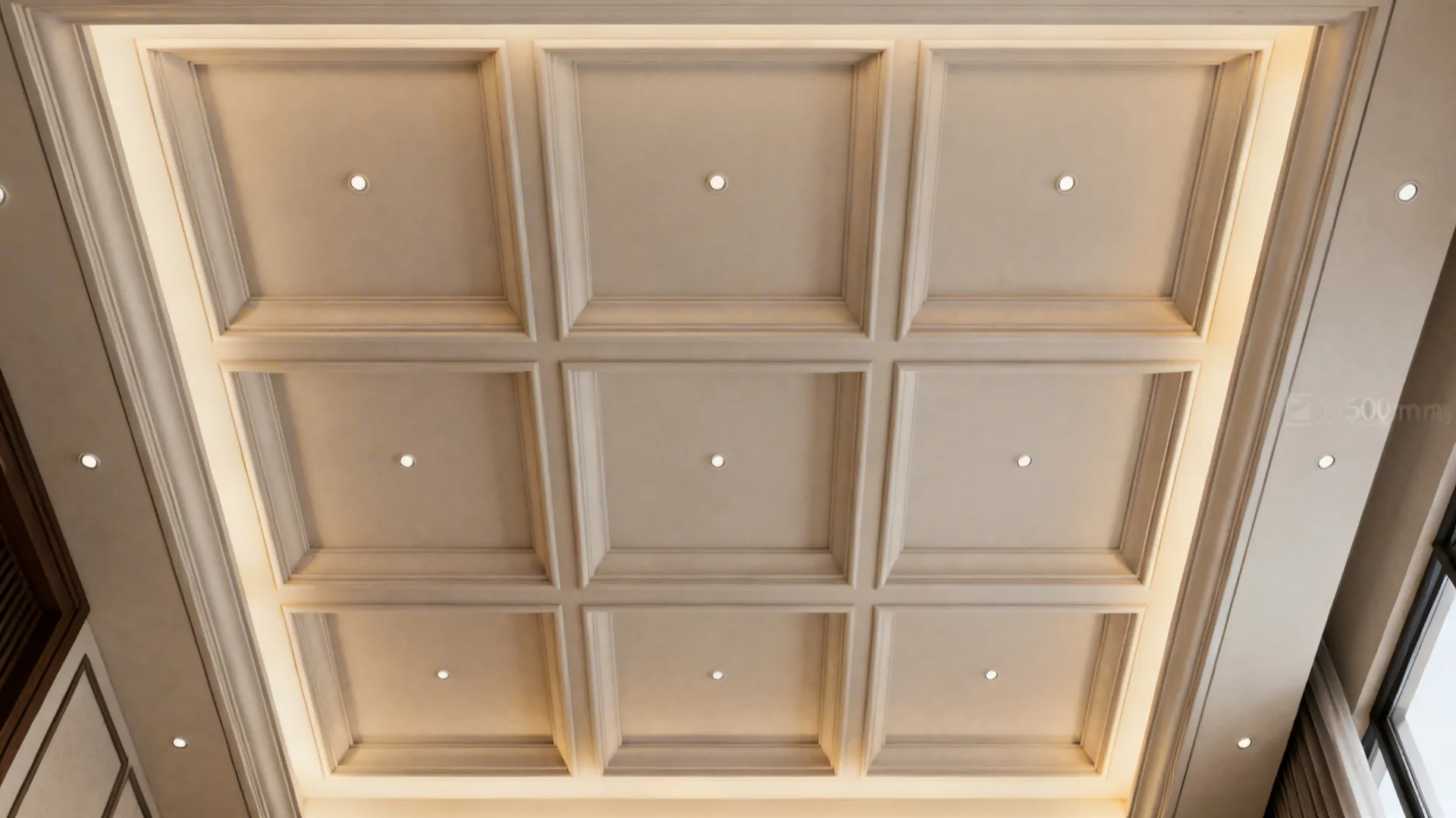 Top-down view of a micro coffered ceiling grid with evenly spaced beams.