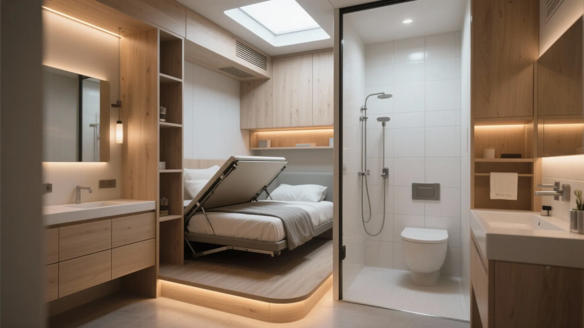 Small studio apartment with wooden storage cabinets a folding bed and a private glass shower