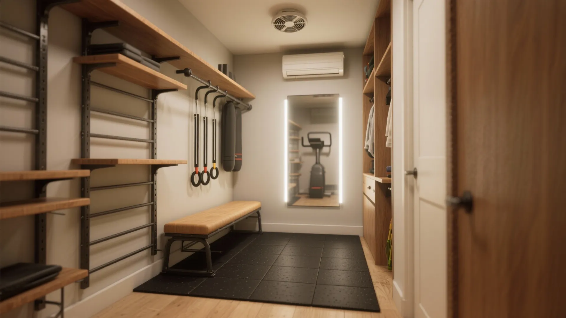 Narrow home gym space with wooden shelves workout bench black floor mats and large mirror