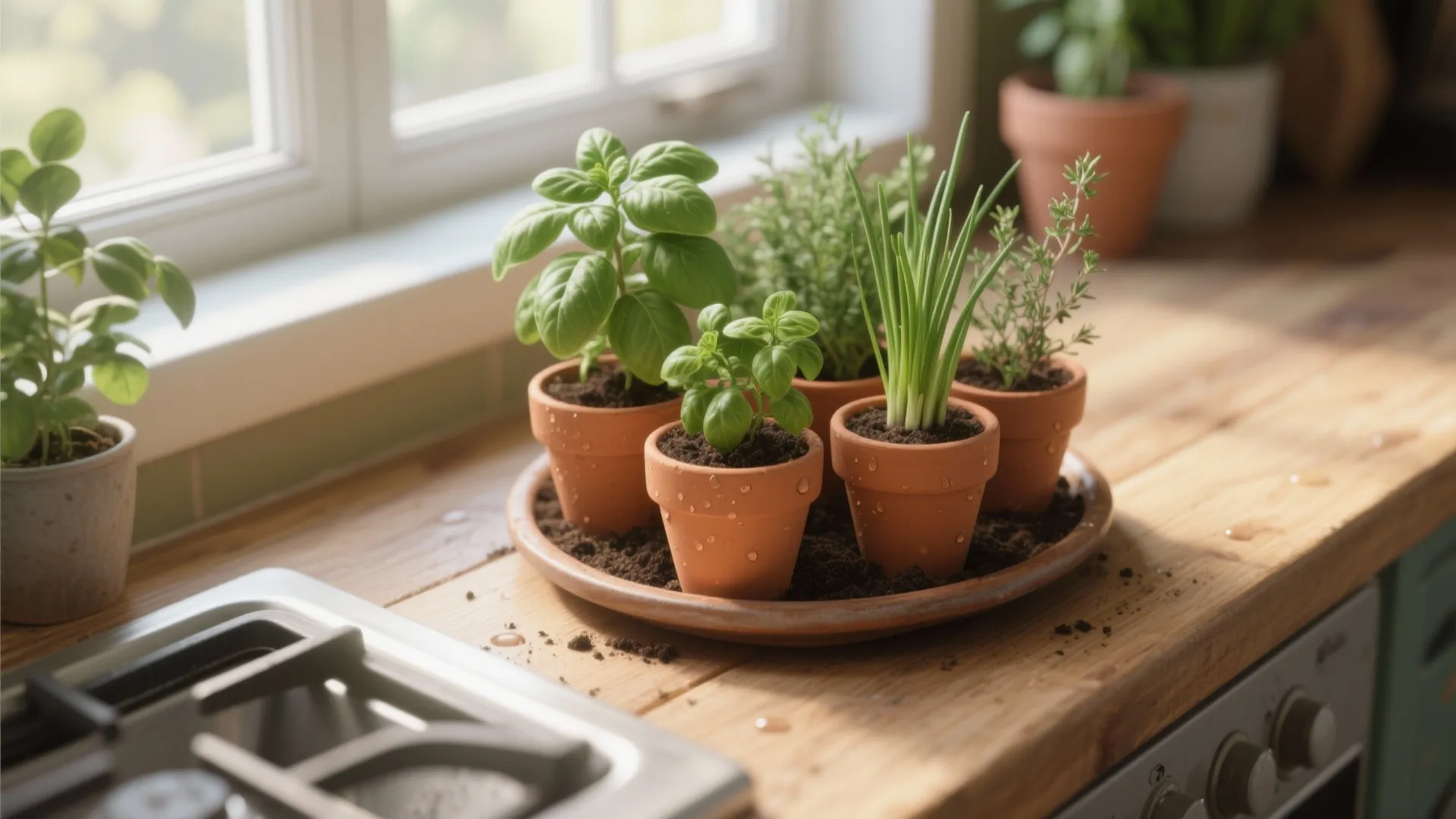 Small herb plants in clay pots sitting on a wooden kitchen counter near a window