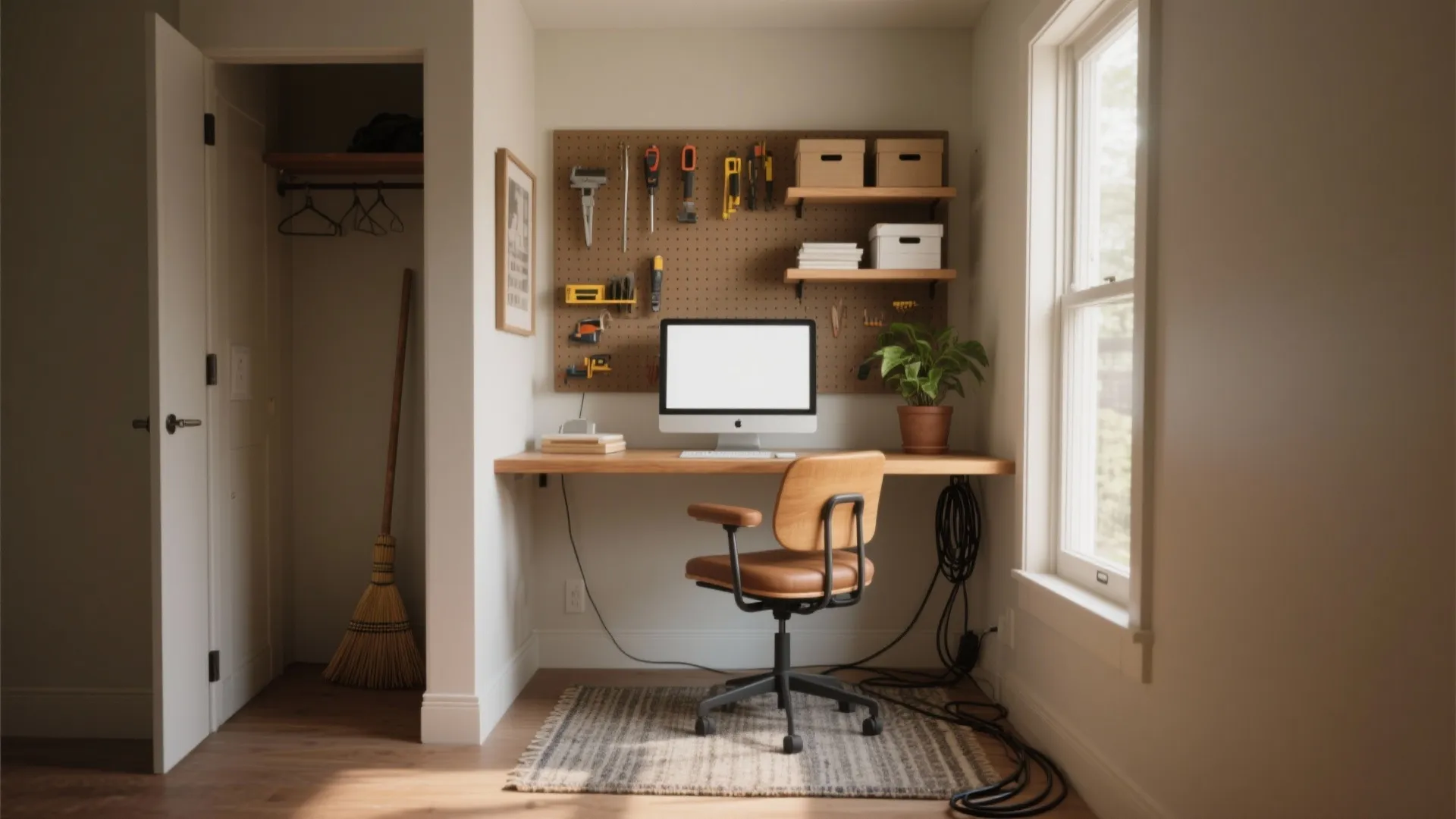 Compact home office with a wooden desk computer chair pegboard for tools and natural light