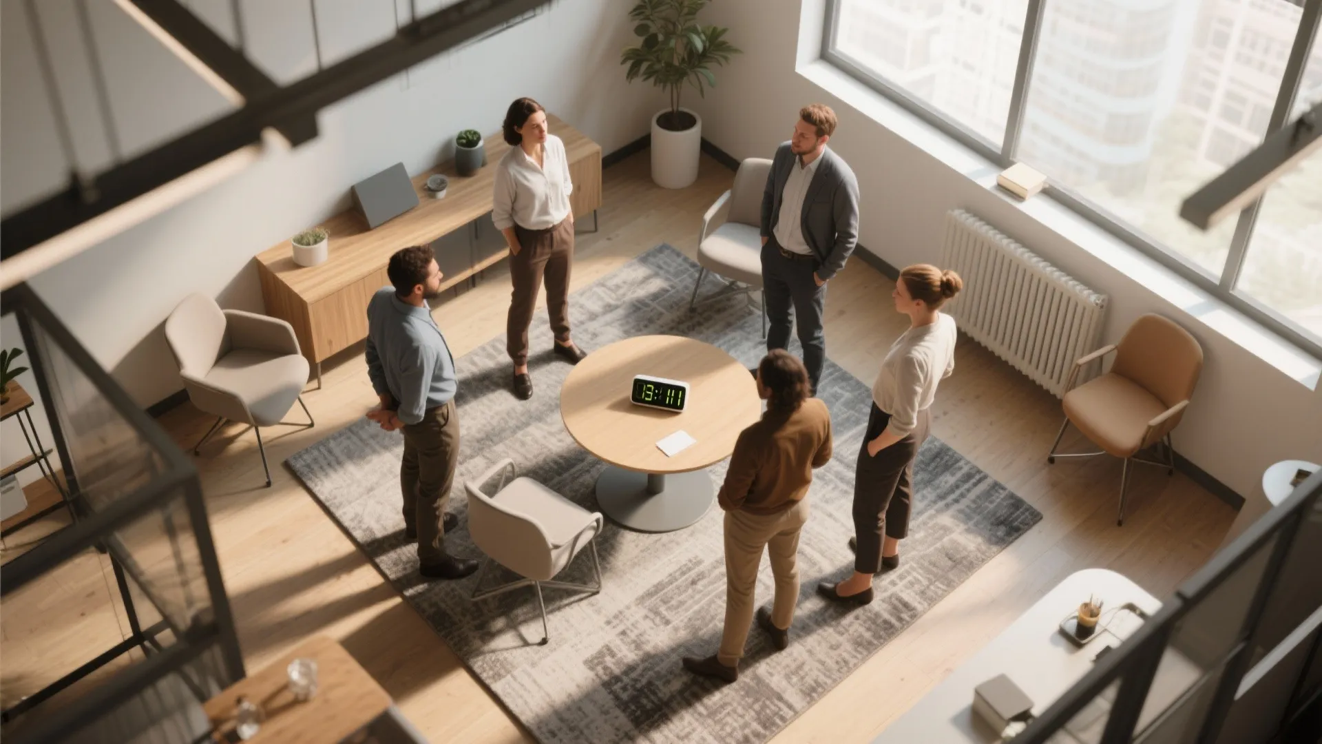 Group of colleagues standing in a circle around a small table for a quick meeting