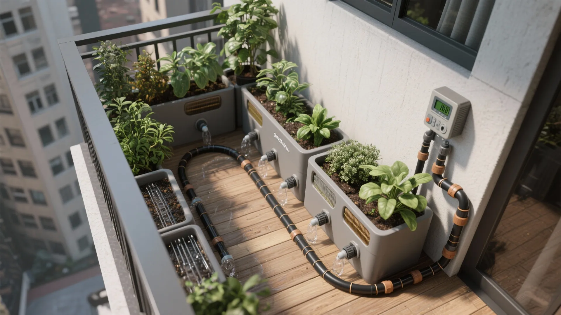 Top-down view of balcony planters with compact drip line loop, emitters, and a discreet battery timer.
