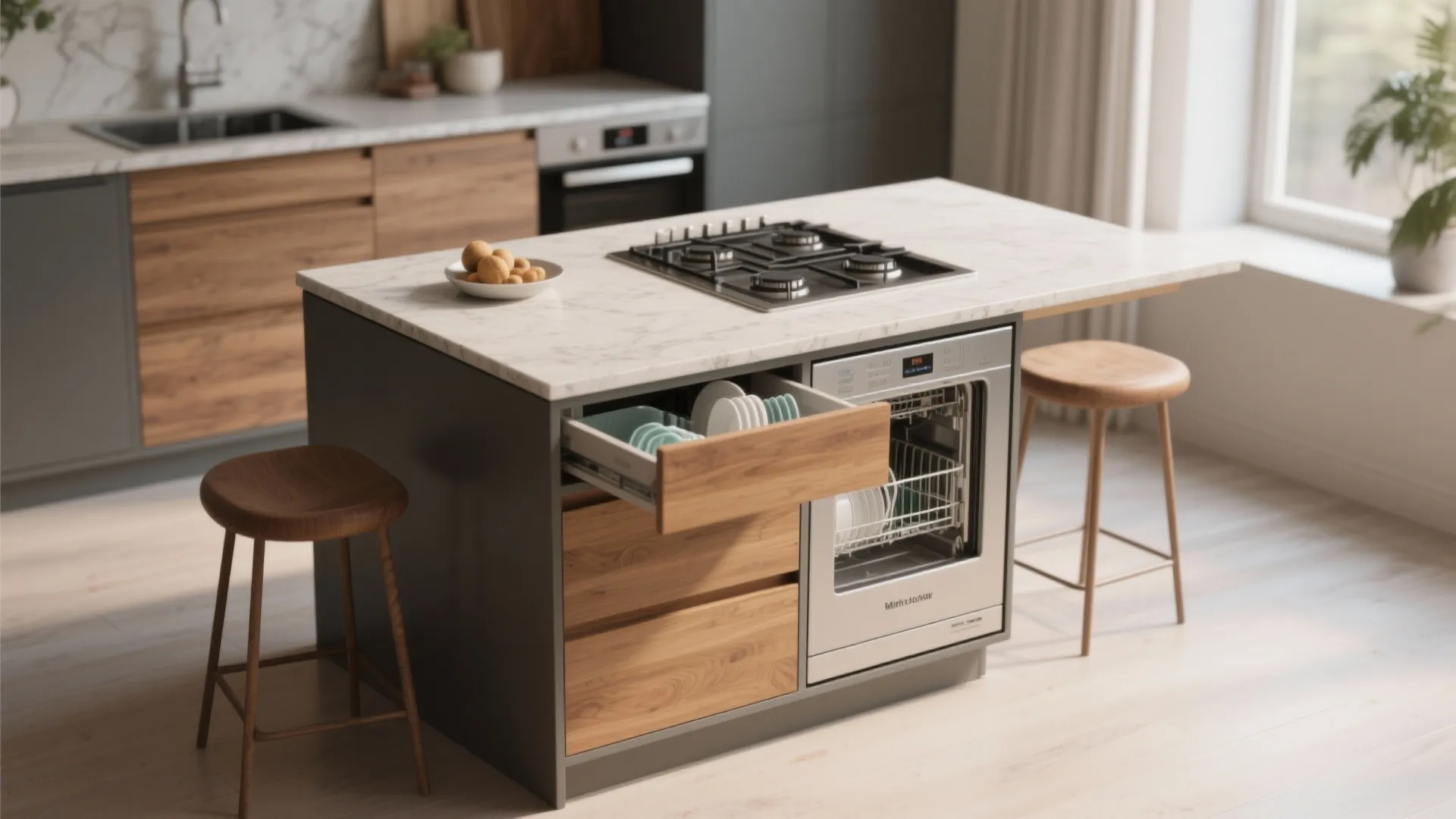 Micro-island with built-in drawers, mini-dishwasher and retractable cooktop as a social prep hub.